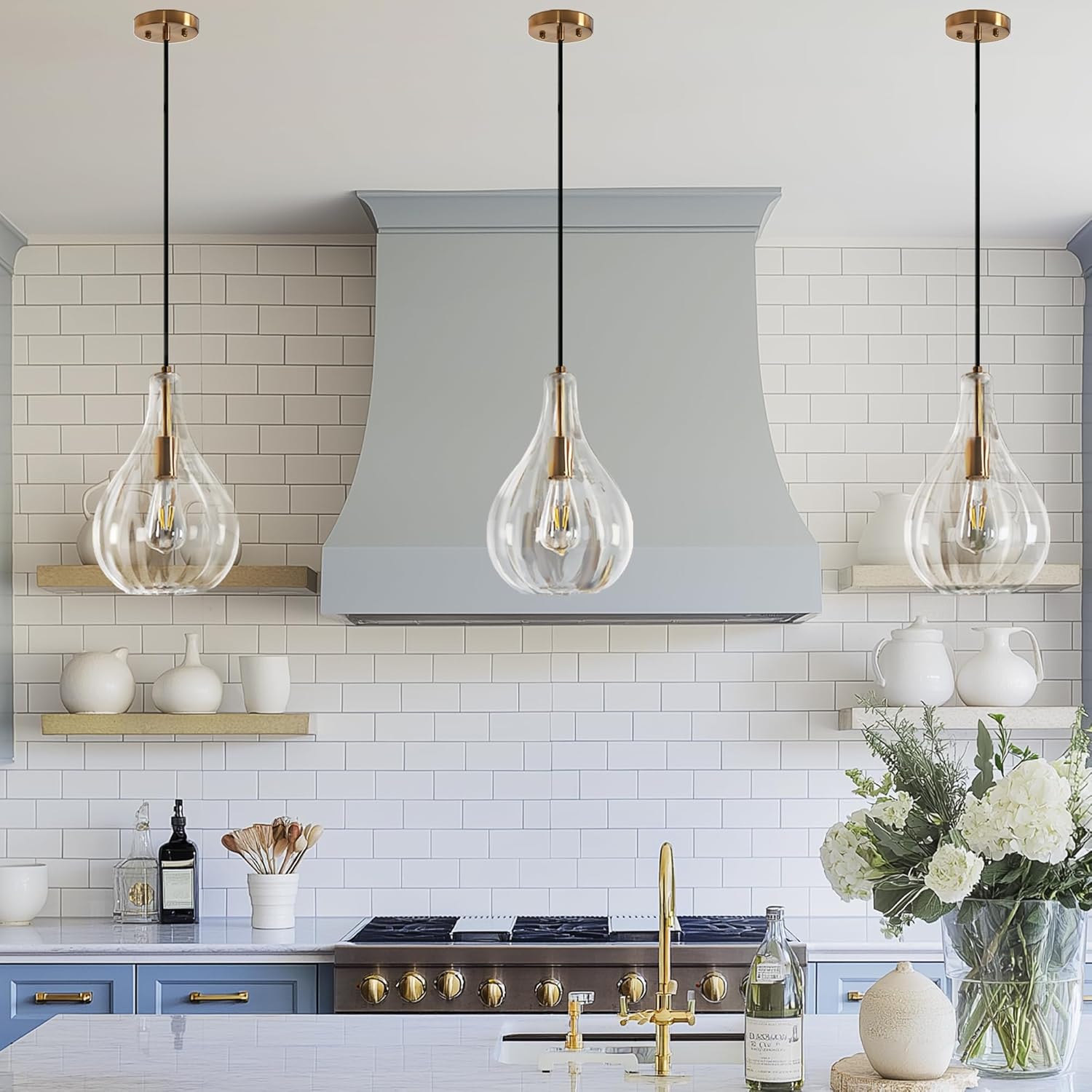 Uolfin Pendant Light Fixtures, 1-Light Modern Gold Glass Pendant Lighting for Kitchen Island, Hanging Globe Light Fixtures in Electroplated Brass Finish for Dining Room Hallway Living Room Foyer