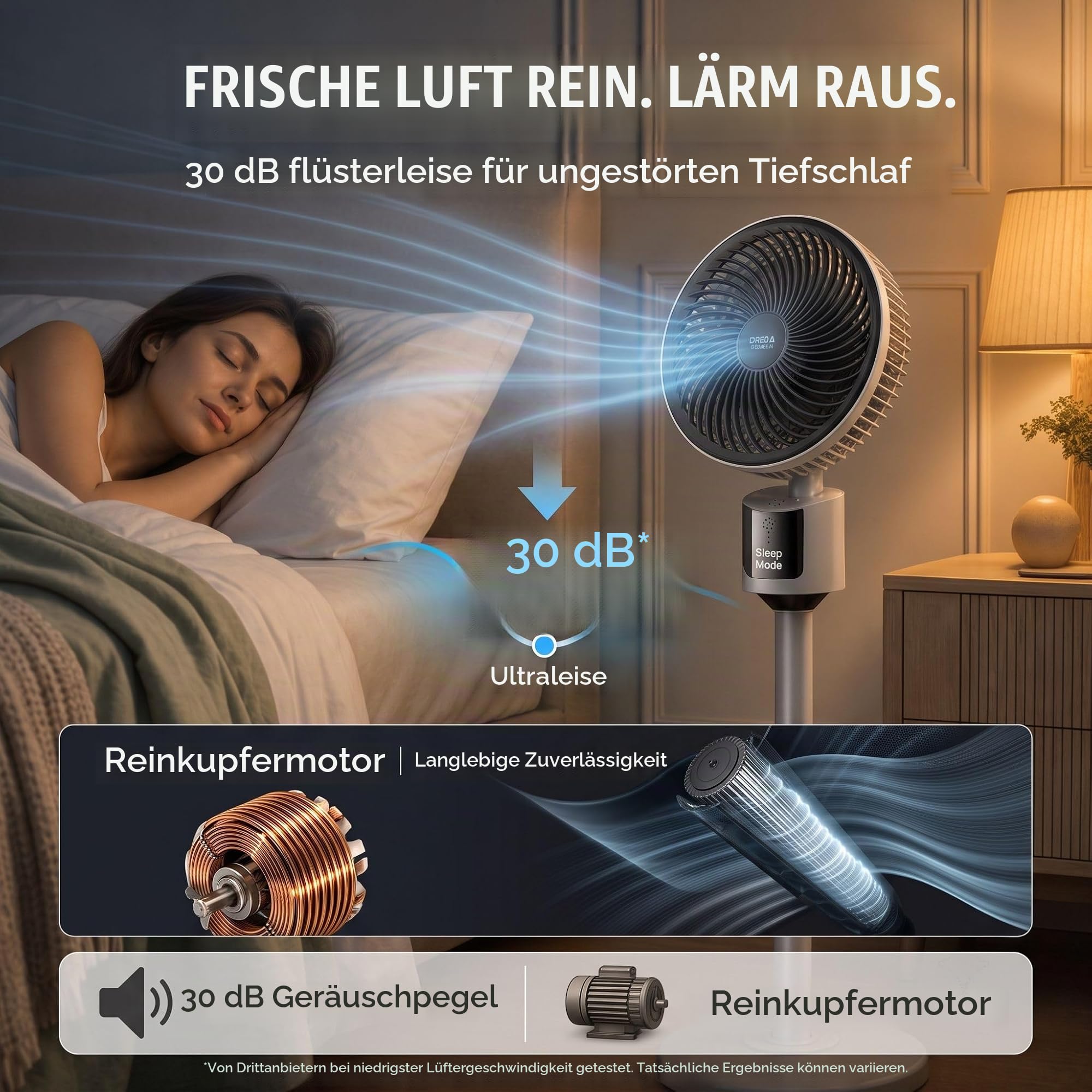 Standventilator für Schlafzimmer – 2026 Verbesserter Ganzraum-Luftzirkulator, 90° oszillierender Sockel, 27,4 m Luftstrom, 30 dB leises DC-Motorkühlgerät, 3 Geschwindigkeiten, USB, verstellbare Höhe