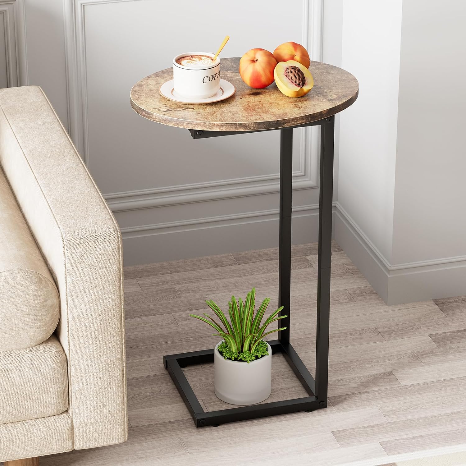 C Shaped End Side Table, Couch Sofa Table for Bed, Gold Snack Table with Metal Frame, TV Tray Table for Small Space, Living Room, Bedroom, Bedside(White Marble)