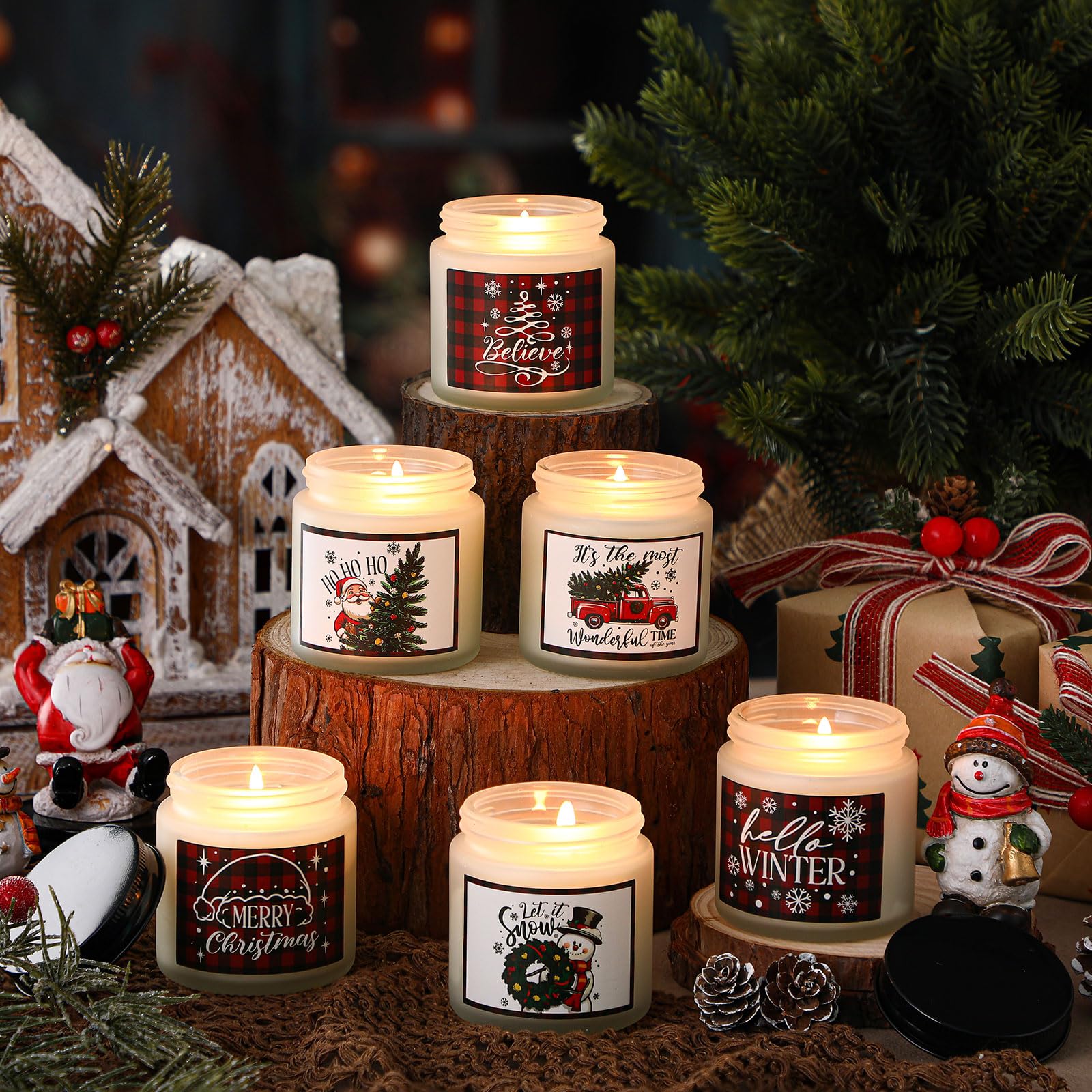 Conelist Lot de 6 bougies de Noël parfumées pour la maison, cadeaux de Noël pour femme, vacances d'hiver, pot de cire de soja naturelle, cadeaux d'aromathérapie, cadeaux pour femmes, hommes et adultes