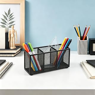 3 Compartment Metal Mesh Pen Holder For Desk Pencil Holder, Pen Organizer Small Desk Organizer Office Storage Decor For Classroom Office Home Makeup 8.85x3.74x3.14in (Black)