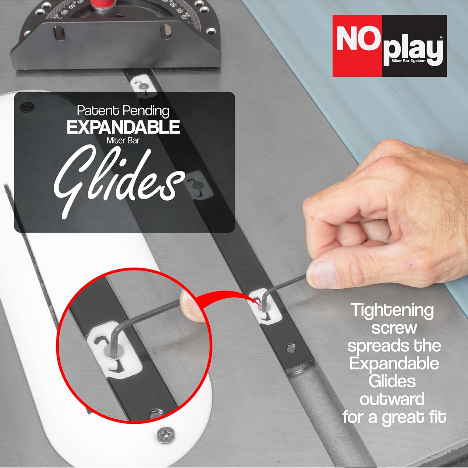 Fulton Miter Gauge 2000 SE Featuring NoPlay Expandable Glides • Steel Miter Bar Bar • Fits into a 3/4” x 3/8” Miter Slot • UHMW Slick Pad • Protractor Style Head with 13 Positive Stops
