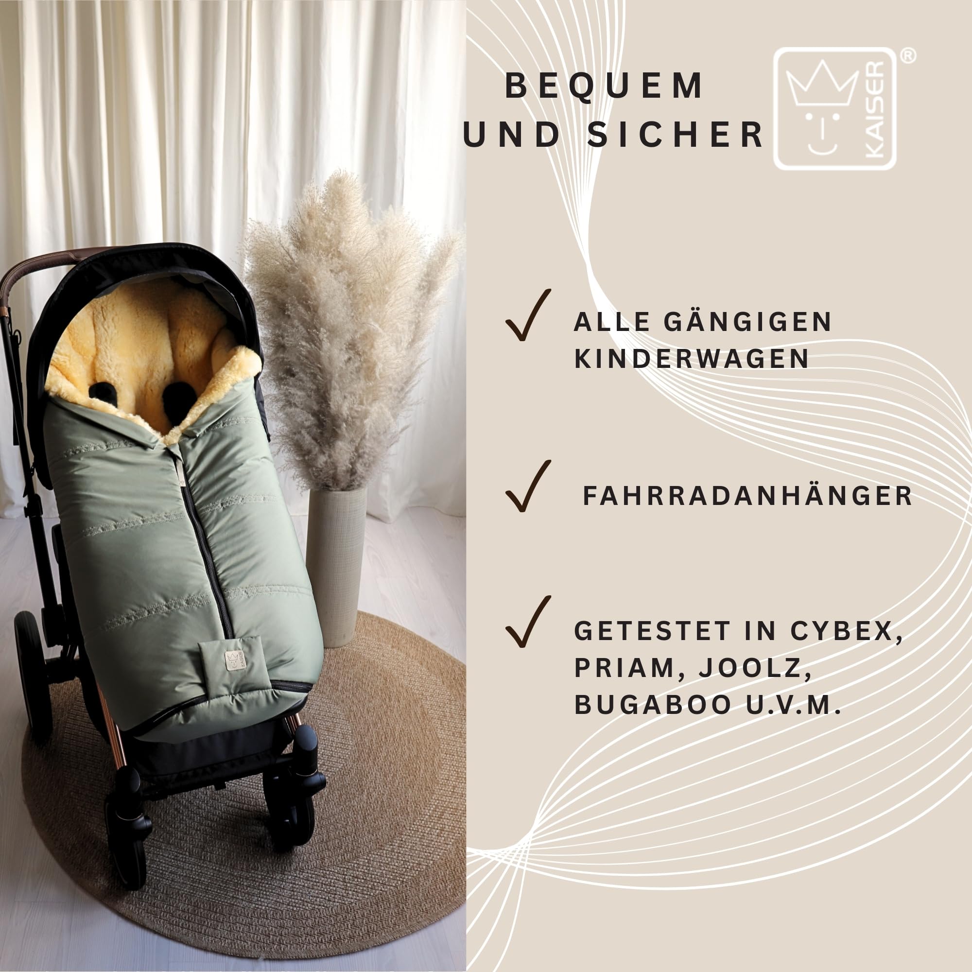 IGLU 2.0 Lammfell Fußsack für Kinderwagen, 98 x 45 cm, Wind- und Wasserabweisend, Waschbar bei 30°(salbei green)