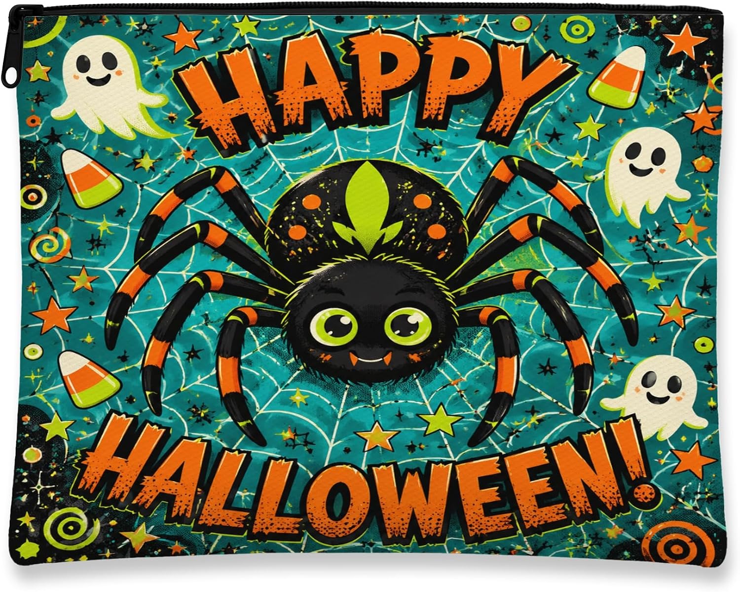 Spider Canvas with Zipper, Playful Festive Ghost Candy Corn Halloween Black Portable with Zipper Mini Makeup Bag for Travel, Bathroom, Vanity Organizer and Purse Storage 7x9 Inch