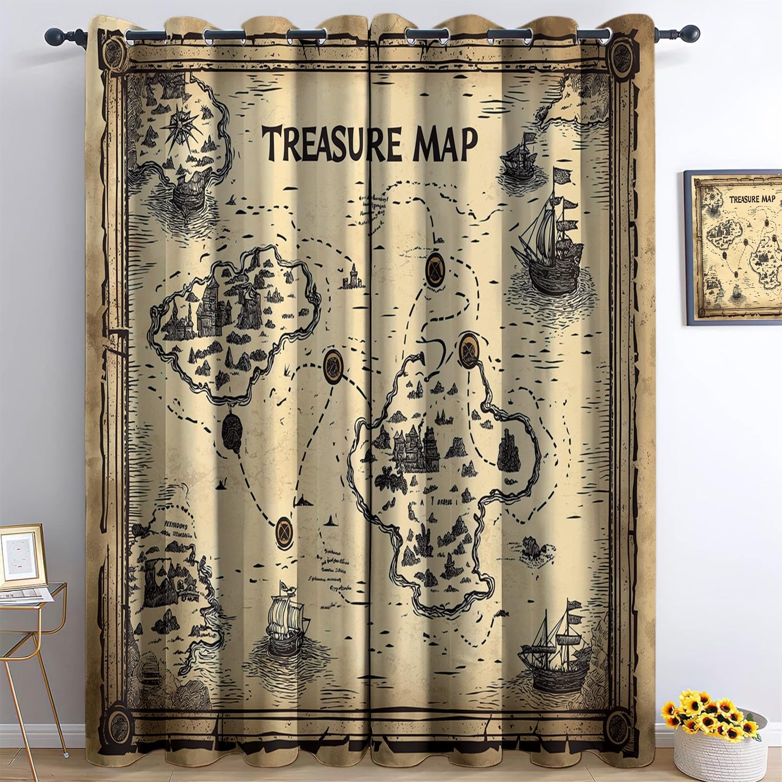 Rideaux occultants thermiques carte au trésor beige pour isolation phonique optimale