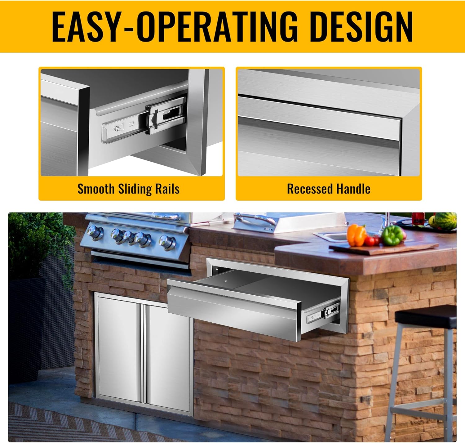 Outdoor Kitchen Single Drawer 24" W x 6.5" H x 23" D Inch Stainless Steel Flush Mount BBQ for Outdoor Kitchen Island, or Patio Grill Station
