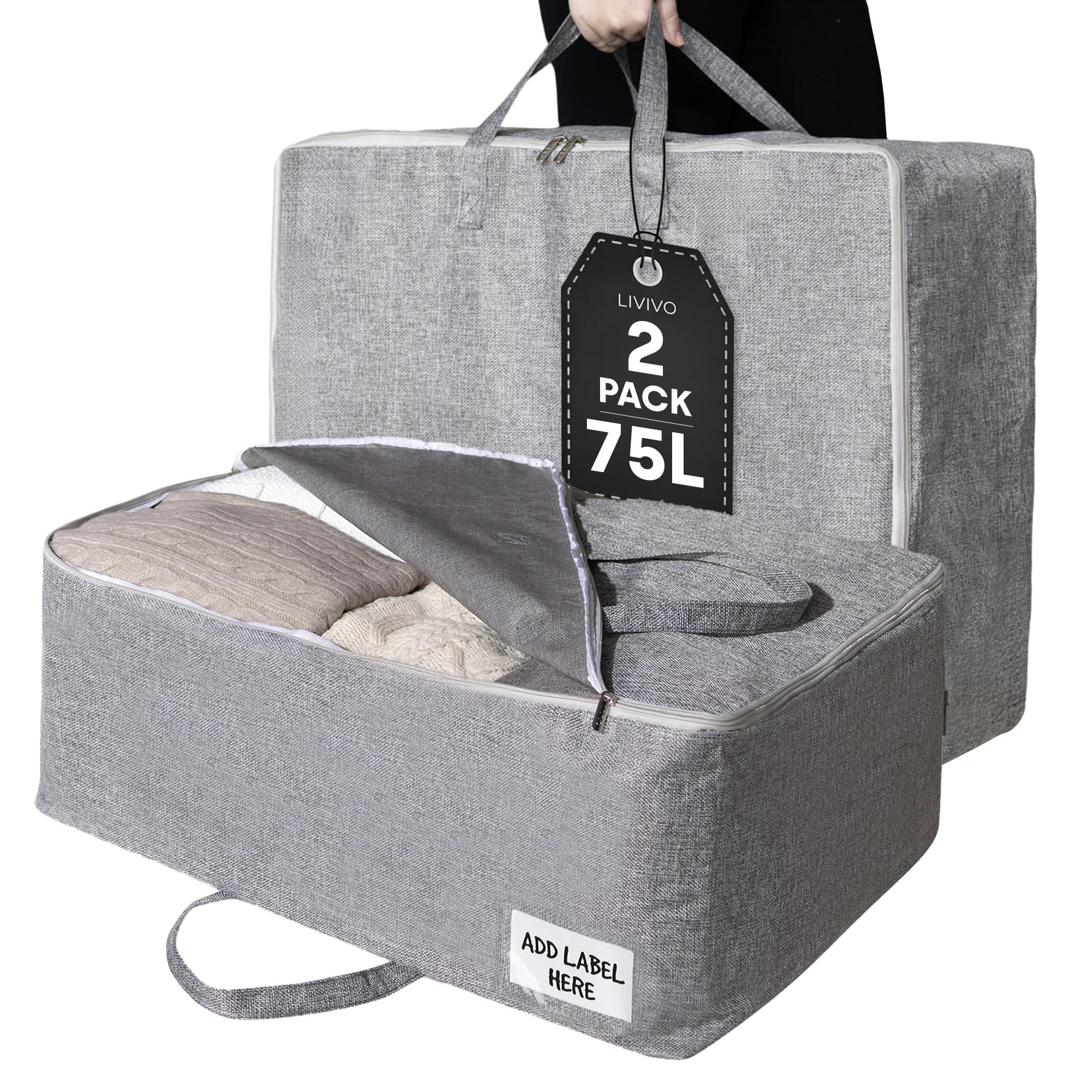 Livivo Grey 75L Storage Bags Set Of 2 Clothes Duvet Storage Bags With Handles Underbed Foldable Storage Solution In