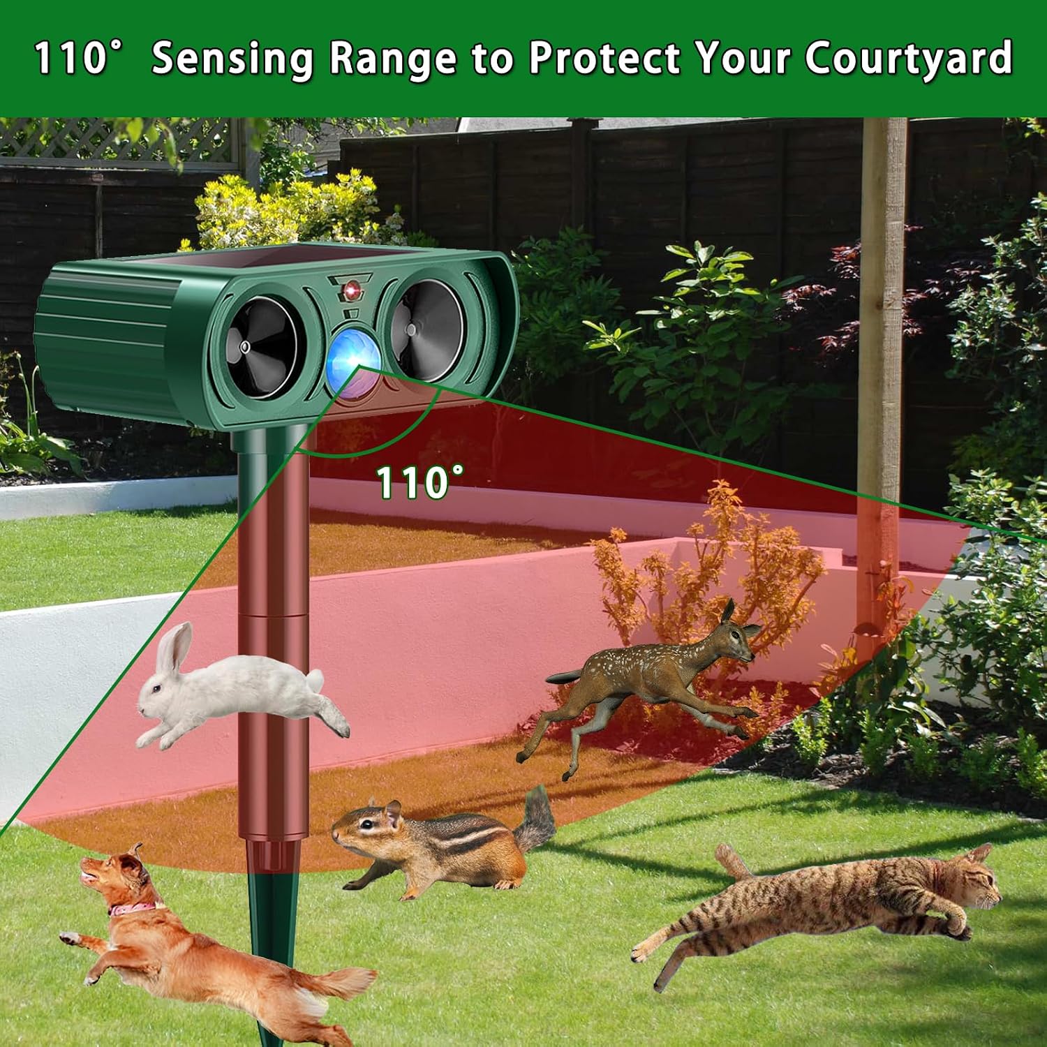 2 Pack Solar Animal Repeller with Motion Detection Ultrasonic Outdoor Deer Repellent Device for Patio Garden Yard Waterproof Animal Repellent Deterrent to Repel Cat Squirrel Rabbit Dog Raccoon Skunk