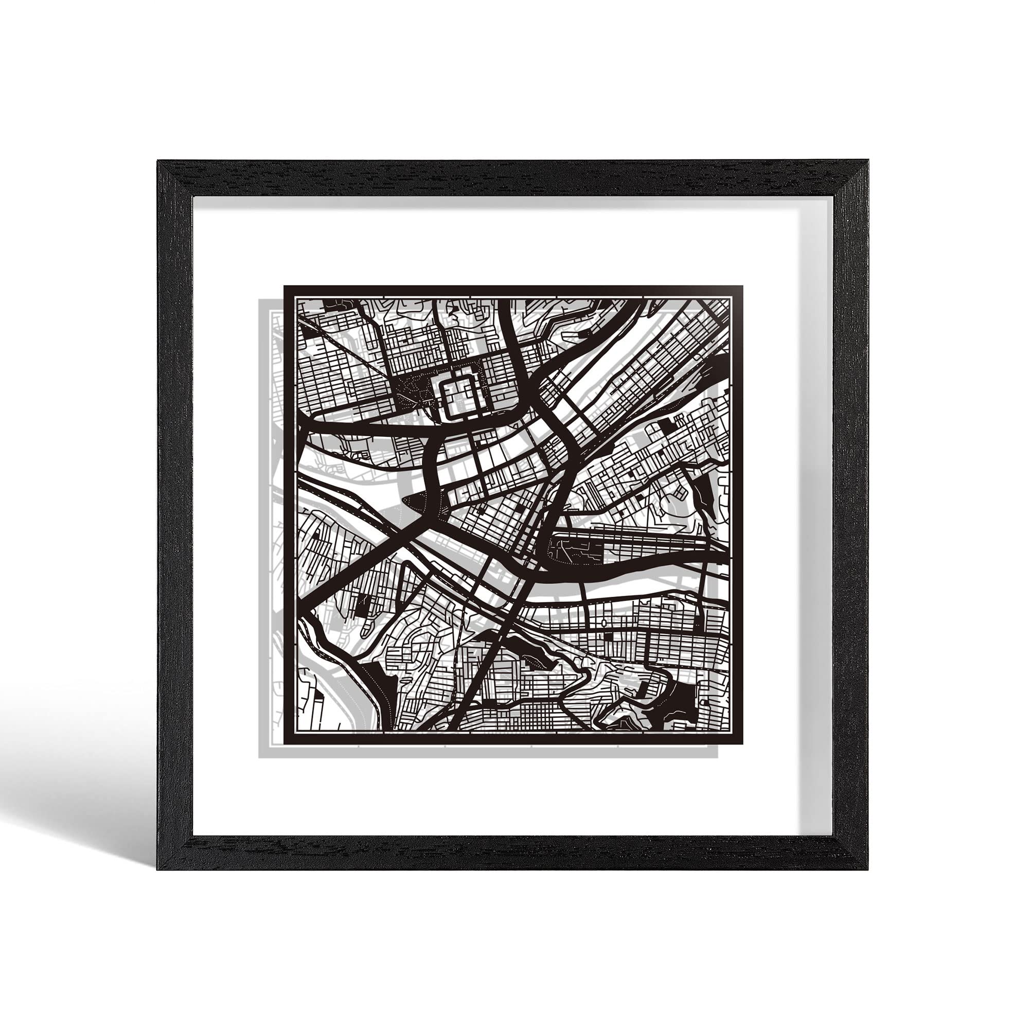 O3 Design Studio Pittsburgh Cut Map Framed, Black map, Black Frame, 9x9 inches, Paper Cutting Art Work, Gift Boxed, 2 Background Color, self-Changing, Wall Art