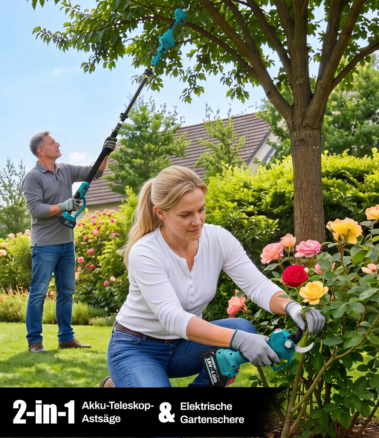 CSS04 2-IN-1 Akku Astschere und Gartenschere Teleskop Kompatibel mit Makita 18V Akkus, Max. 2m Teleskopstange, mit LCD-Display, Winkelverstellbar, Automatische Abschaltung (Ohne Akku)