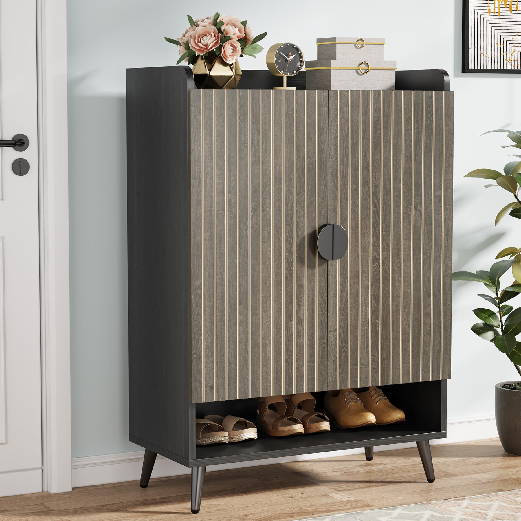 Tribesigns Shoe Cabinet with Doors, 7-Tier Shoe Storage Cabinet with Adjustable Shelves, Wooden Shoes Rack Shoe Storage Organizer for Entryway,