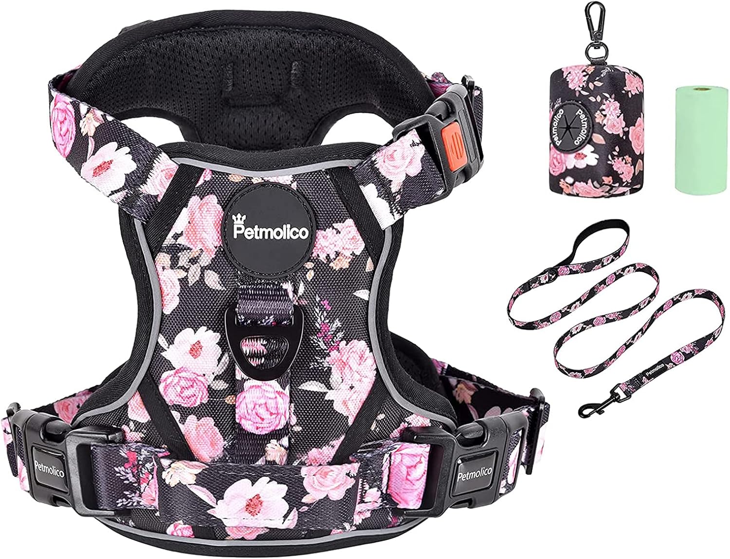 Petmolico No Pull Dog Harness Set with Leash Attachment Easy Control Handle Reflective Harness Vest Small Breed, Puppy Vest and Leash Set with Poop Bag Holder, Small – Pink Rose