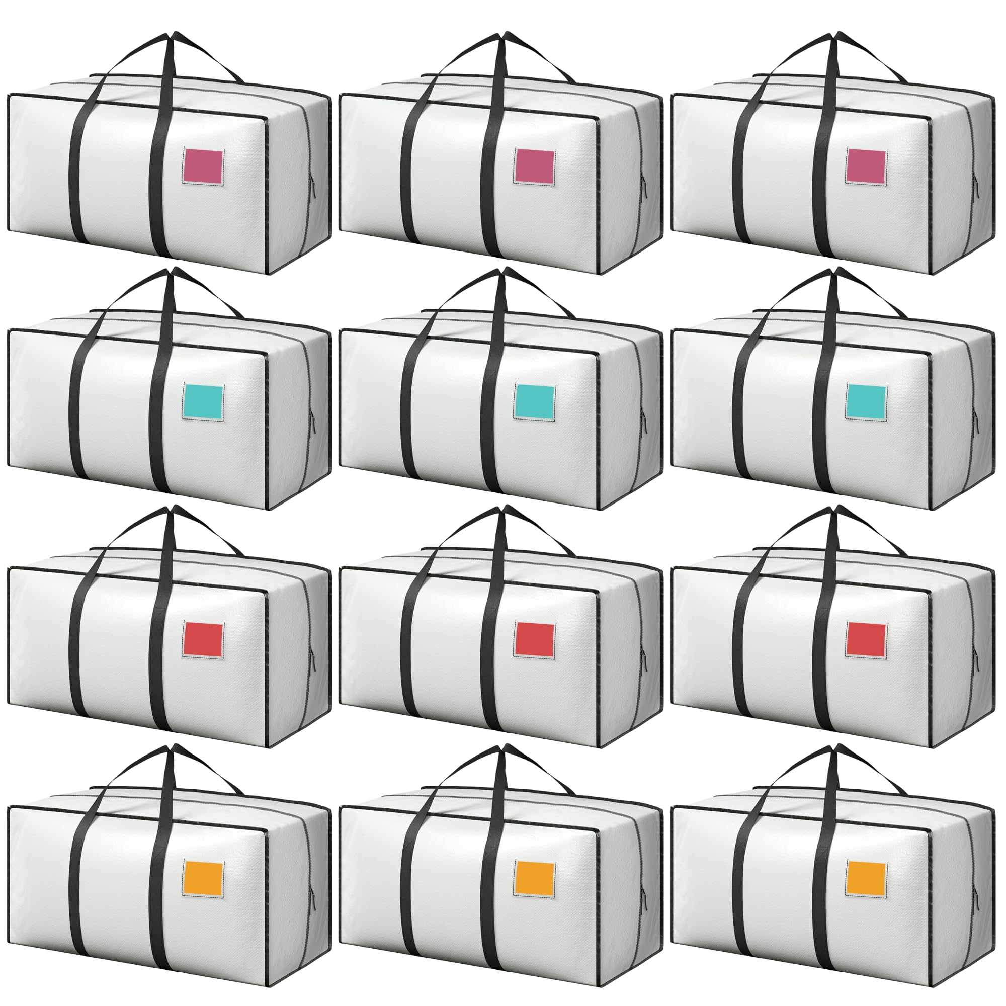 12 Pack Moving Bags with Full-Open Side Zipper, Extra Large 93L Heavy Duty Waterproof Foldable Storage Totes for College Dorm, Moving &amp; Home Organization,White