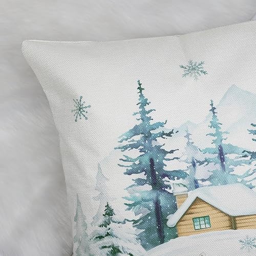 Miniatura 4 de Bonhause Juego de 4 fundas de almohada de reno azul de invierno de 18 x 18 pulgadas, diseño de oso ciervo, nieve, pino, para sofá, cama, decoración