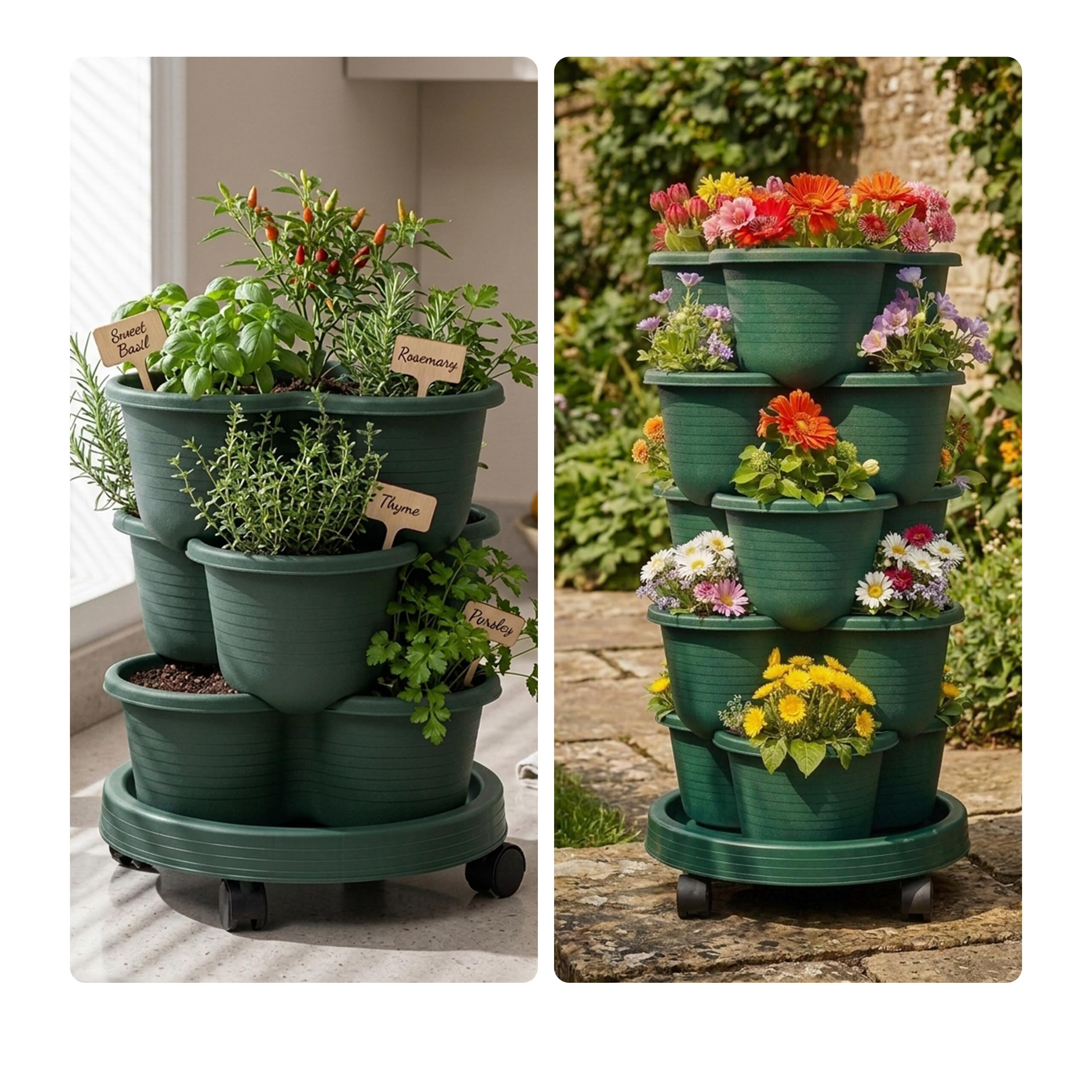 Relaxdays Torre para Plantas jardín Vertical apilable con Ruedas 66x33 cm Torre de Fresas 5 Niveles PP Verde
