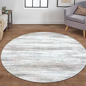 KOZYFLY Modern Abstract Round Rug 5Ft, Washable Kitchen Rug Non-Slip Soft Bathroom Circle Rug, Beige Striped Entryway Rugs Abstract Print Faux Wool Doormat for Bedside Entrance Bedroom Sink