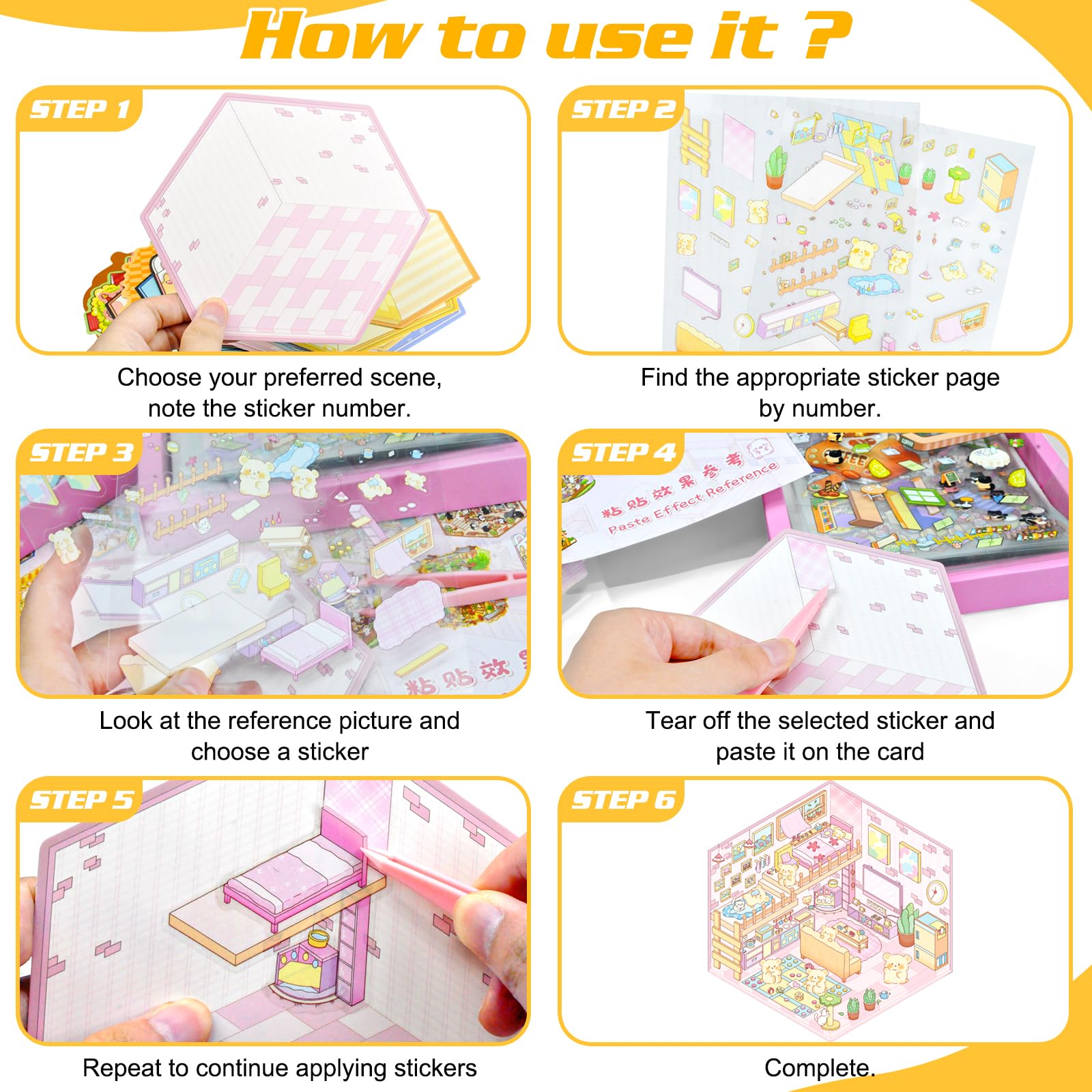 20Pcs DIY 3D House Stickers Kit Age 3-8 3D Miniature Scene Therapy for Kids 4 5 6 7 8 Year Old Stress Relief Sticker Scenes with Tweezers Creative Reusable DIY Sticker Therapy Kit for Age 3+ (Pink) - Image 3
