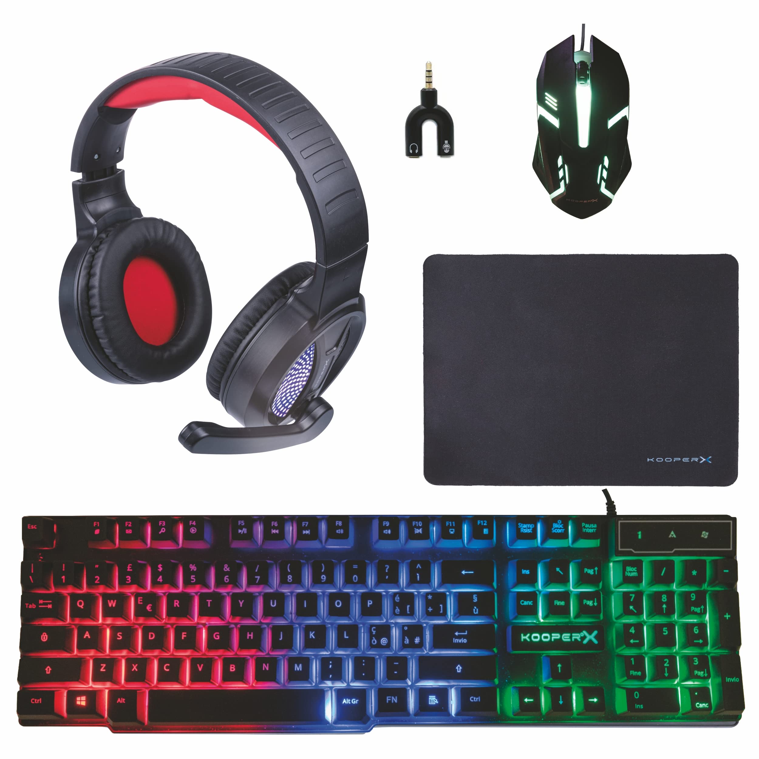 Set combo gaming 5 in 1 con sdoppiatore, mouse, tastiera, tappettino, cuffie con microfono