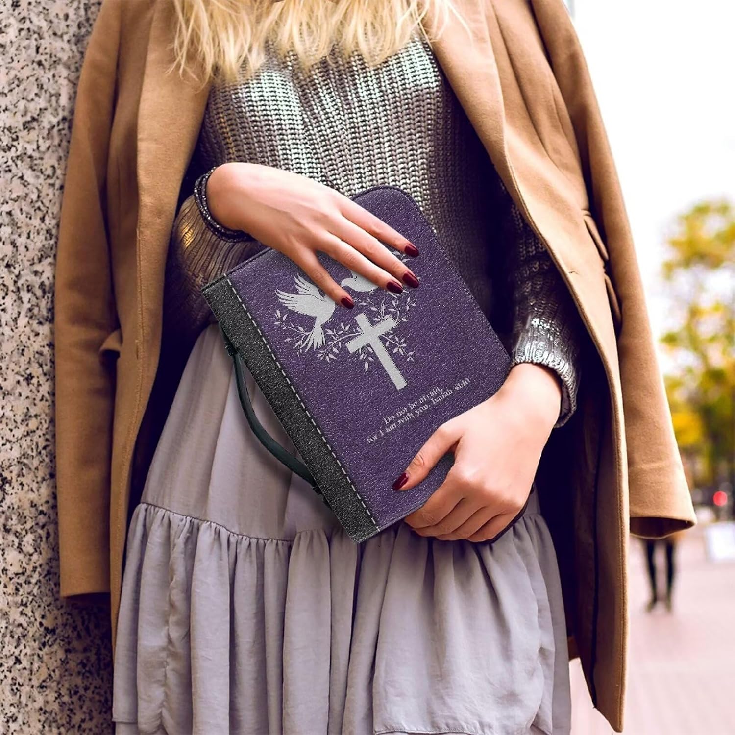 COEQINE Purple Bible Pouch for Women Leather Carrying Case with Handle&Zippered Pocket for Standard Size and Bible Accessories Organizer Ideal Gift for Women Men Lady, L-2XL