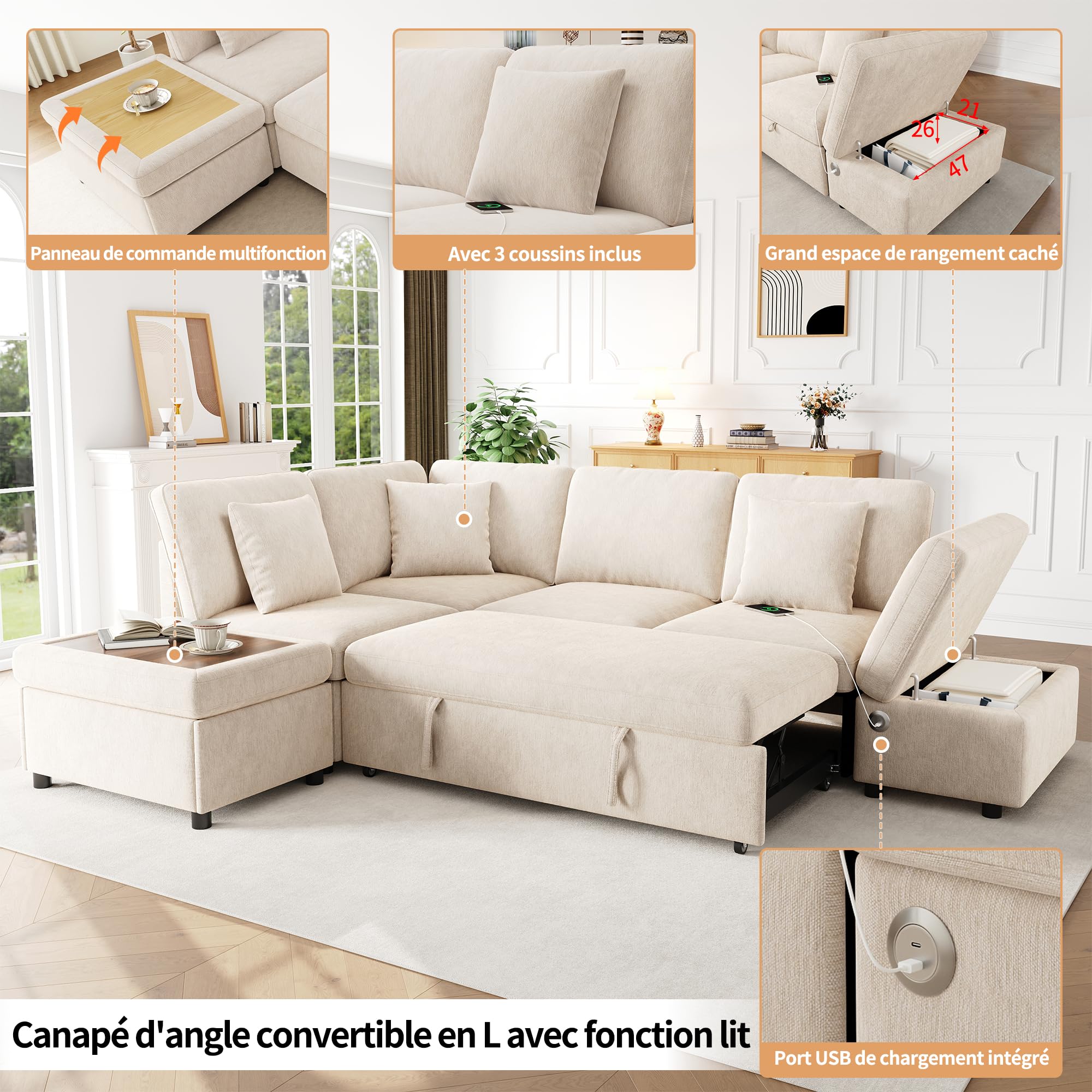 Sapgaks Sofá Convertible de 6 plazas en L con USB C y almacenamiento, gran sofá esquinero Convertible en Chenille con cojines, sofá cama modular en el salón Appt, beige | B0H6X5KR6N