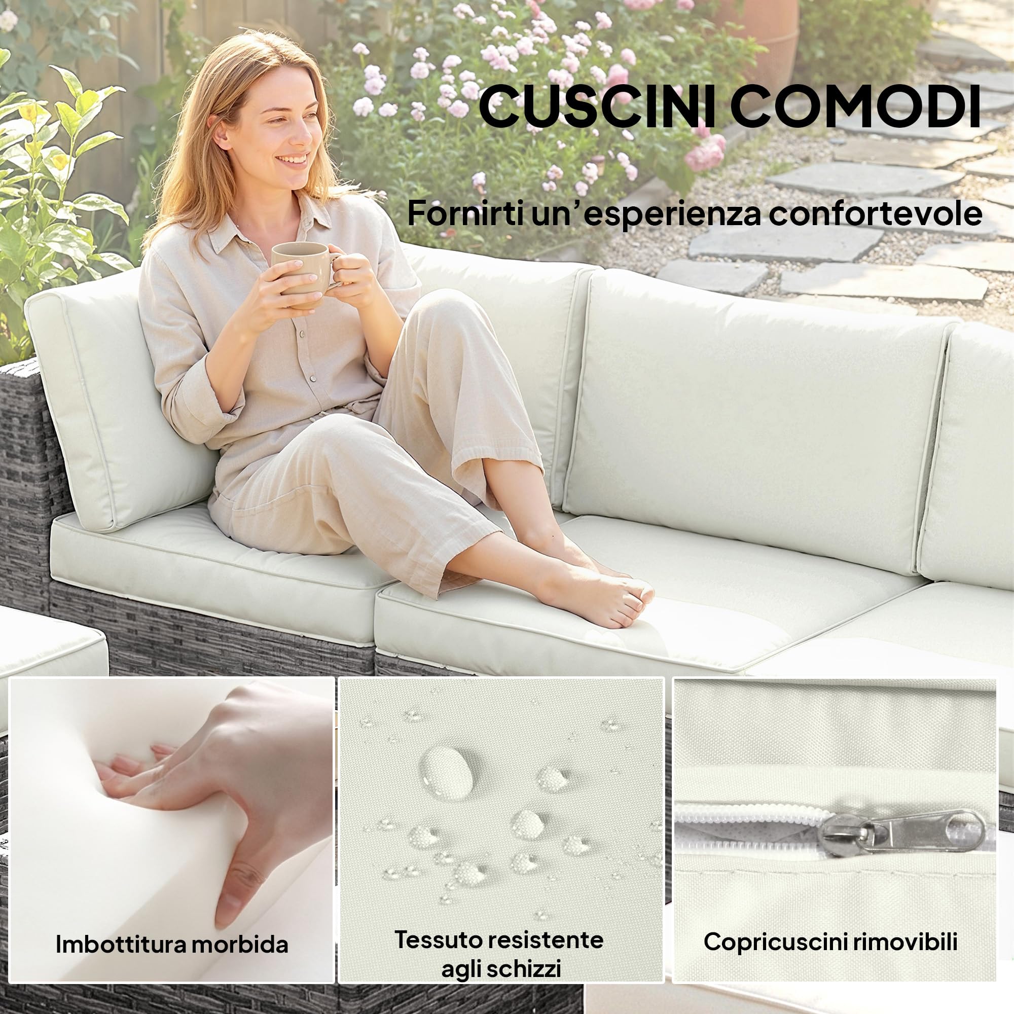 Outsunny Set Salotto da Giardino in Rattan 6 Pezzi, Set di Mobili da Giardino ad L con Divani senza Braccioli, Sedia Angolare, Poggiapiedi, Cuscini, Tavolino, Salottino da Esterno Patio, Grigio Misto