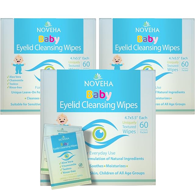 NOVEHA 180Pcs Baby Eyelid Lash Wipes Safe Natural Pack of 60 Pre-moistened Wipes 3 Pack