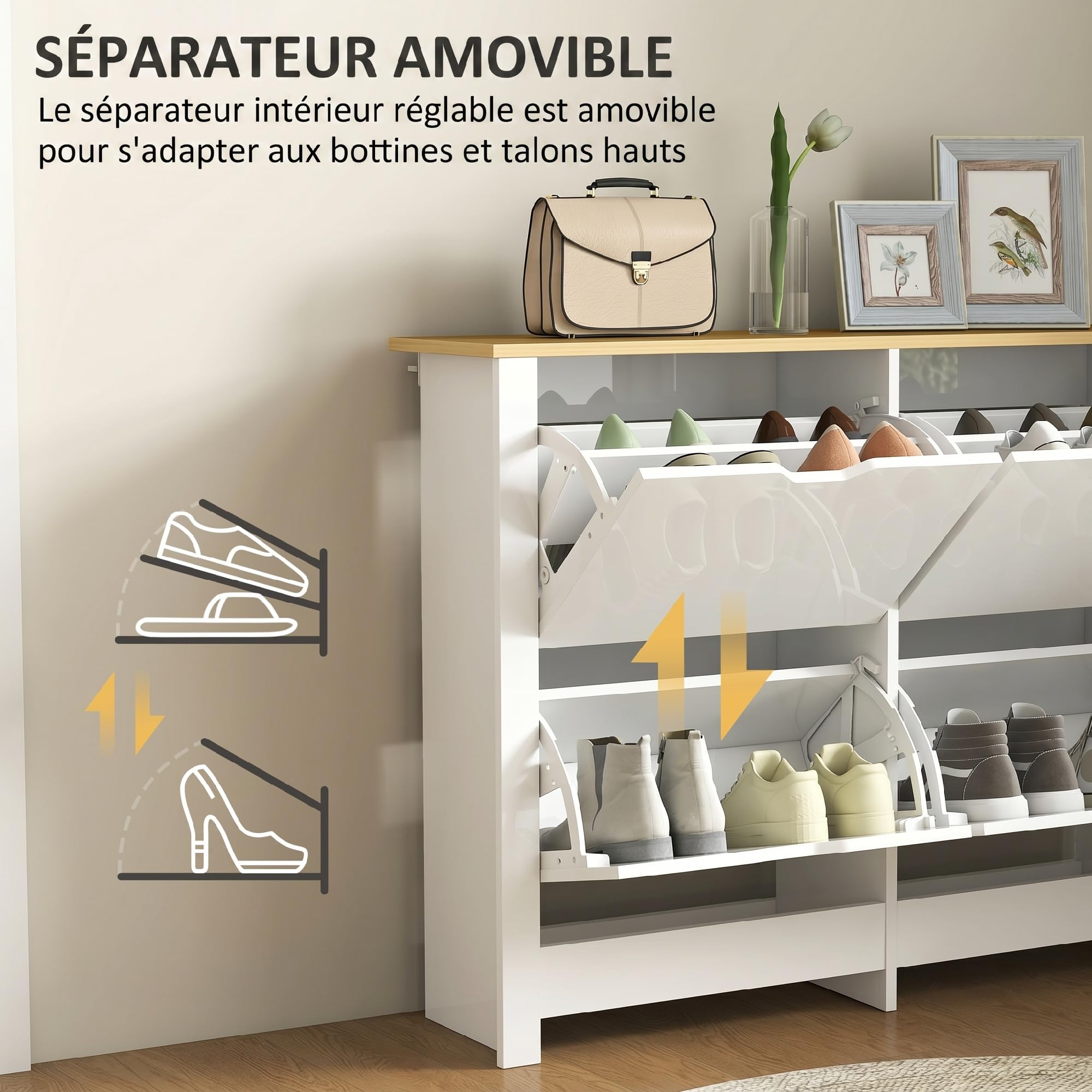 HOMCOM Meuble à Chaussures 4 Tiroirs 105 x 26 x 80 cm Blanc Naturel | Armoire à Chaussures Étroite 16 Paires, Étagères Réglables, Style Moderne, pour Couloir, Entrée,