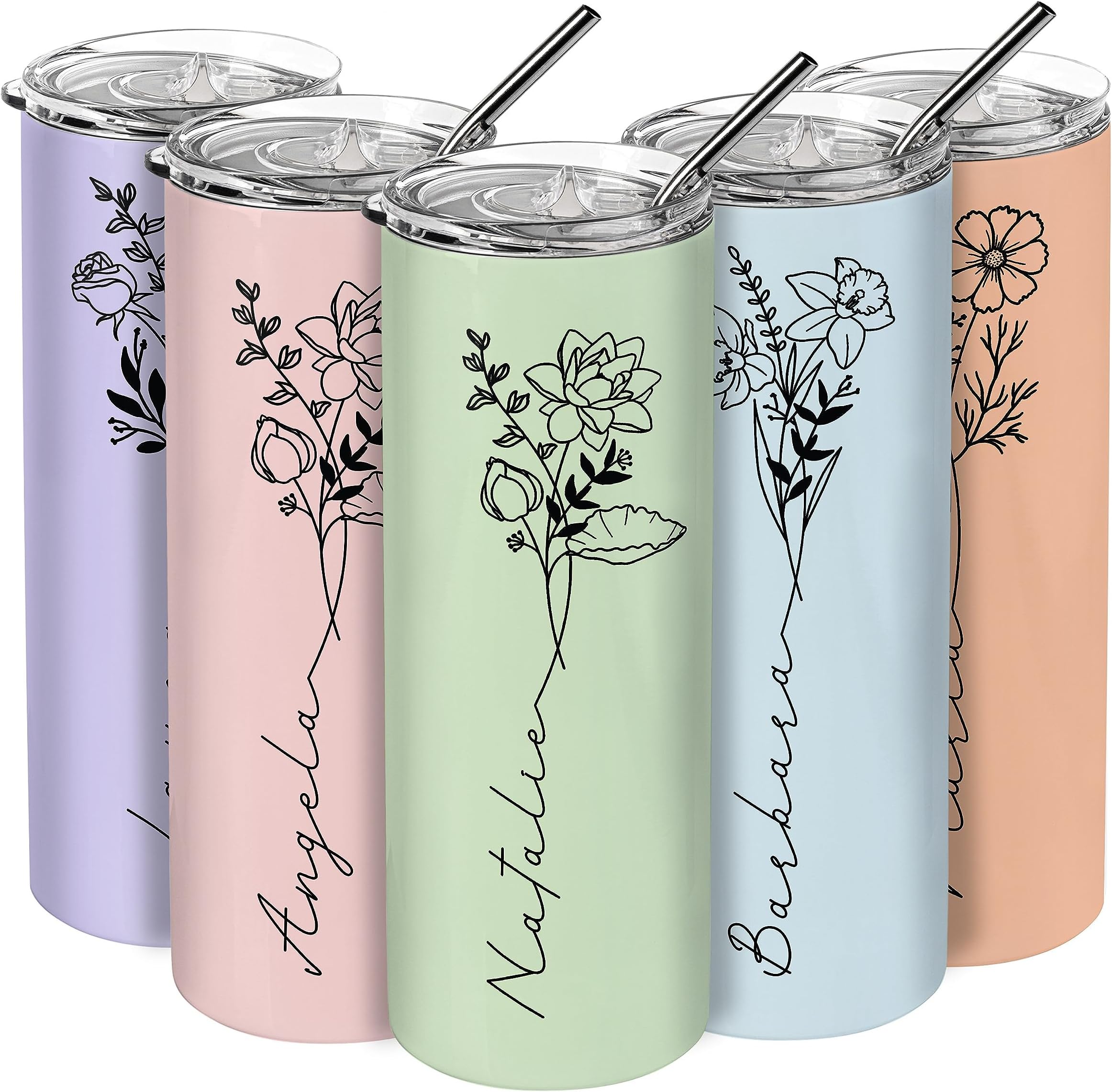 Birthday Gifts for Women, Personalized Tumblers with Birth Flower and Name, 10 Colors - 20 Oz, Skinny Tumblers for Women