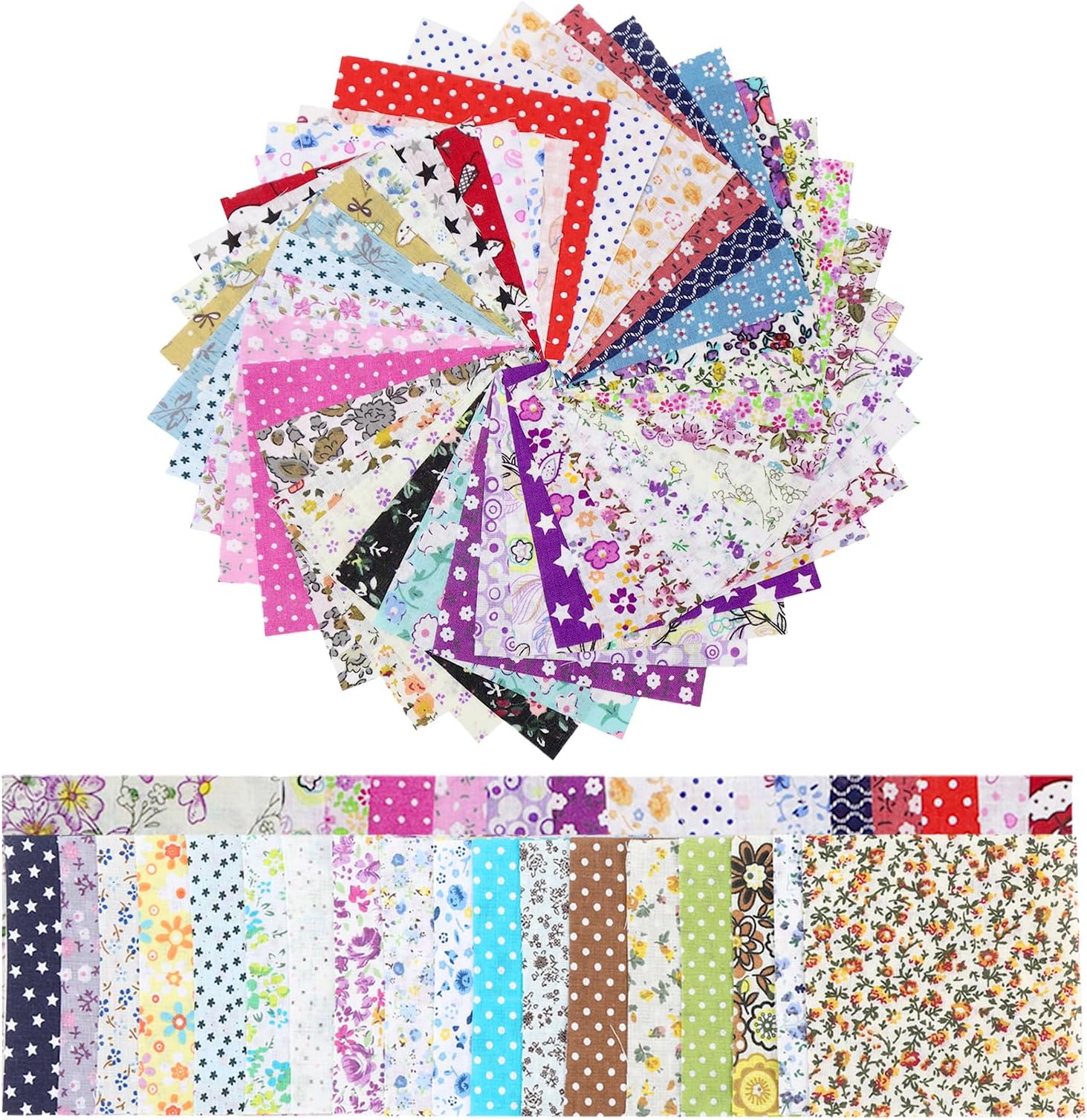 50 Pcs Cotton Craft Fabric Bundles Patchwork, 10 * 10cm Squares Fabric Fat Quarters Bundle, Assorted Pattern Cotton Quilting Supplies, Mini Charm Packs for DIY Quilting Scrapbook Floral Crafting