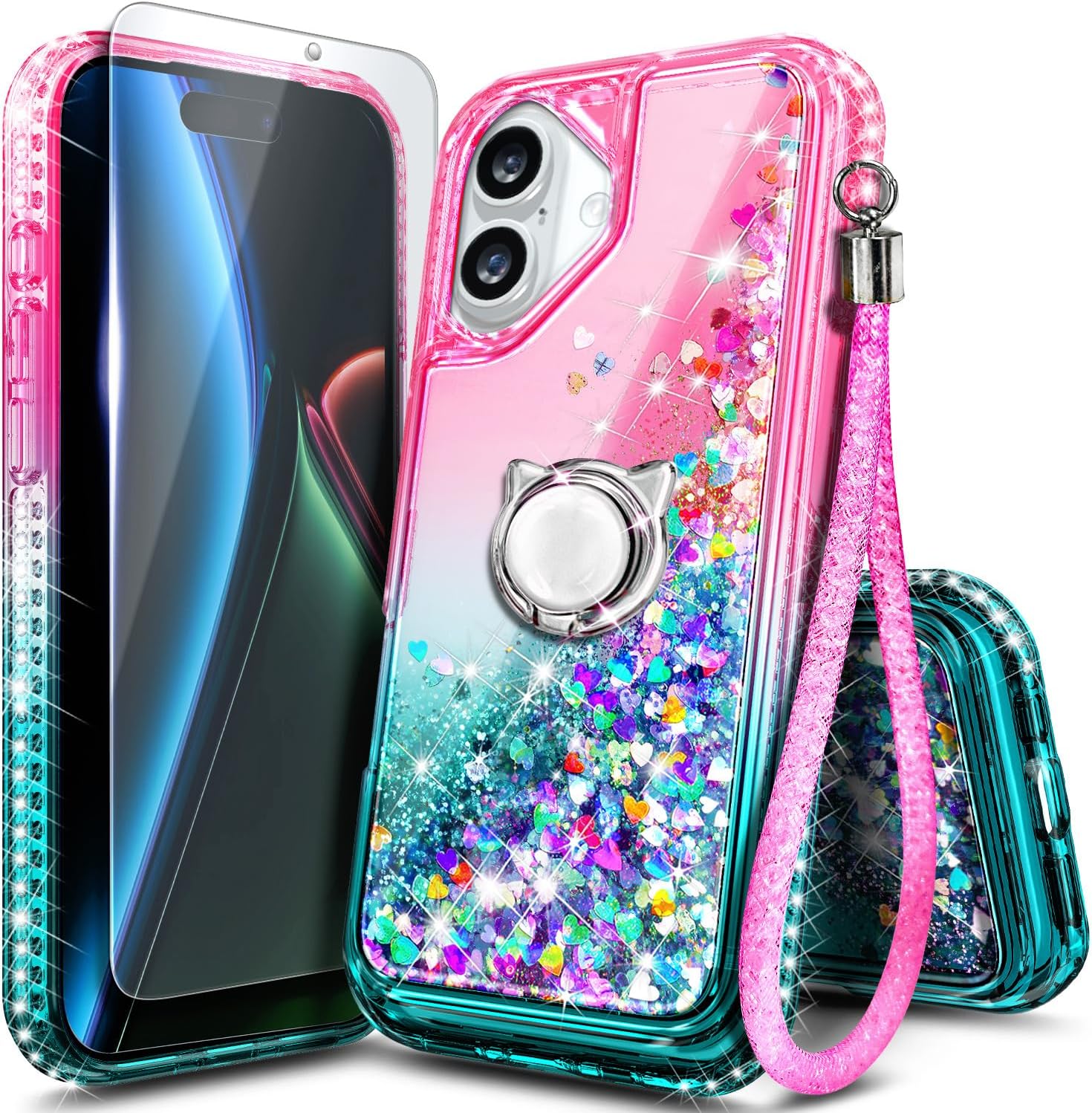 NGB Designed for iPhone 17 Case, Pink/Aqua | Glitter Liquid Sparkle Cute Phone Cover for Women Girls Kids | with Tempered Glass Screen Protector & Ring Holder & Wrist Strap Lanyard