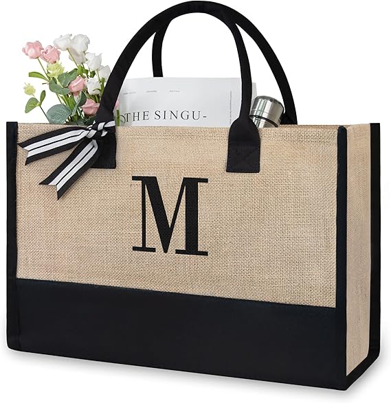 TOPDesign Initial Jute/Canvas Tote Bag, Personalized Present Bag, Suitable for Wedding, Birthday, Beach, Holiday, is a Great Gift for Women, Mom, Teachers, Friends, Bridesmaids (Letter M)