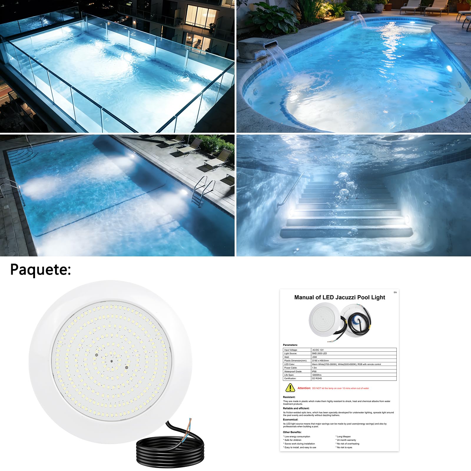 COOLWEST Foco LED Piscina con Rosca 1 1/2", 25W Proyector LED Piscina Blanco, Ø180mm, Impermeable IP68 Lámpara Sumergible para Piscinas Hormigón, 12V AC/DC, 6000K