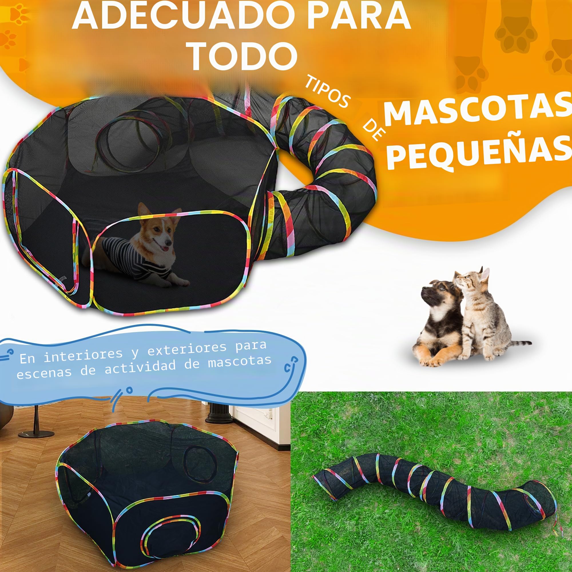 Túnel y tienda de campaña para gatos al aire libre, color arcoíris, recinto de malla con túnel de conexión