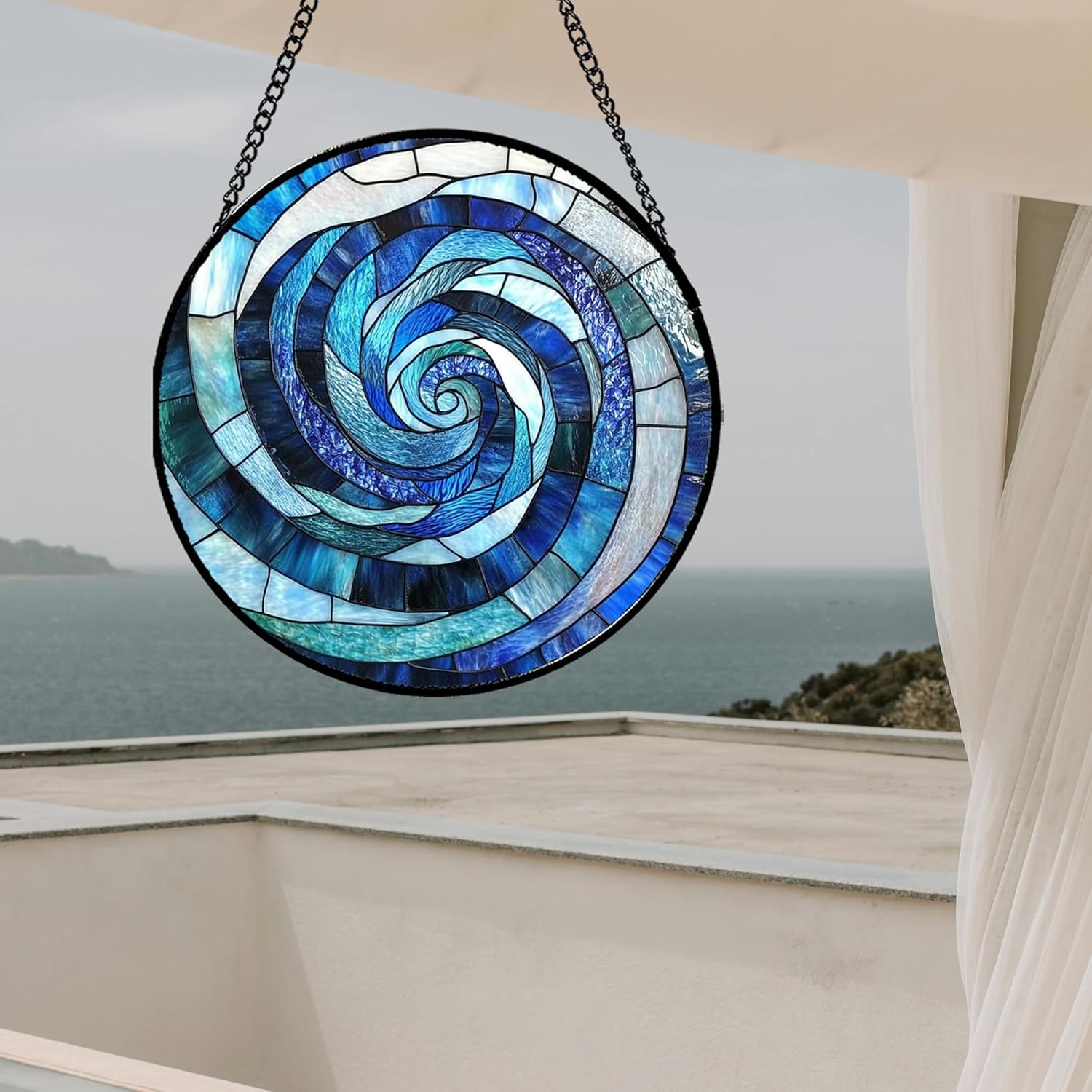 Stained Glass Window Hanging - Blue Abstract Swirl Suncatcher for Doors Garden Patio Unique Sun Catchers Decor Christmas Mother's Day Birthday Gifts for Women Men Mom Nana Friend 7.8 in - Image 5
