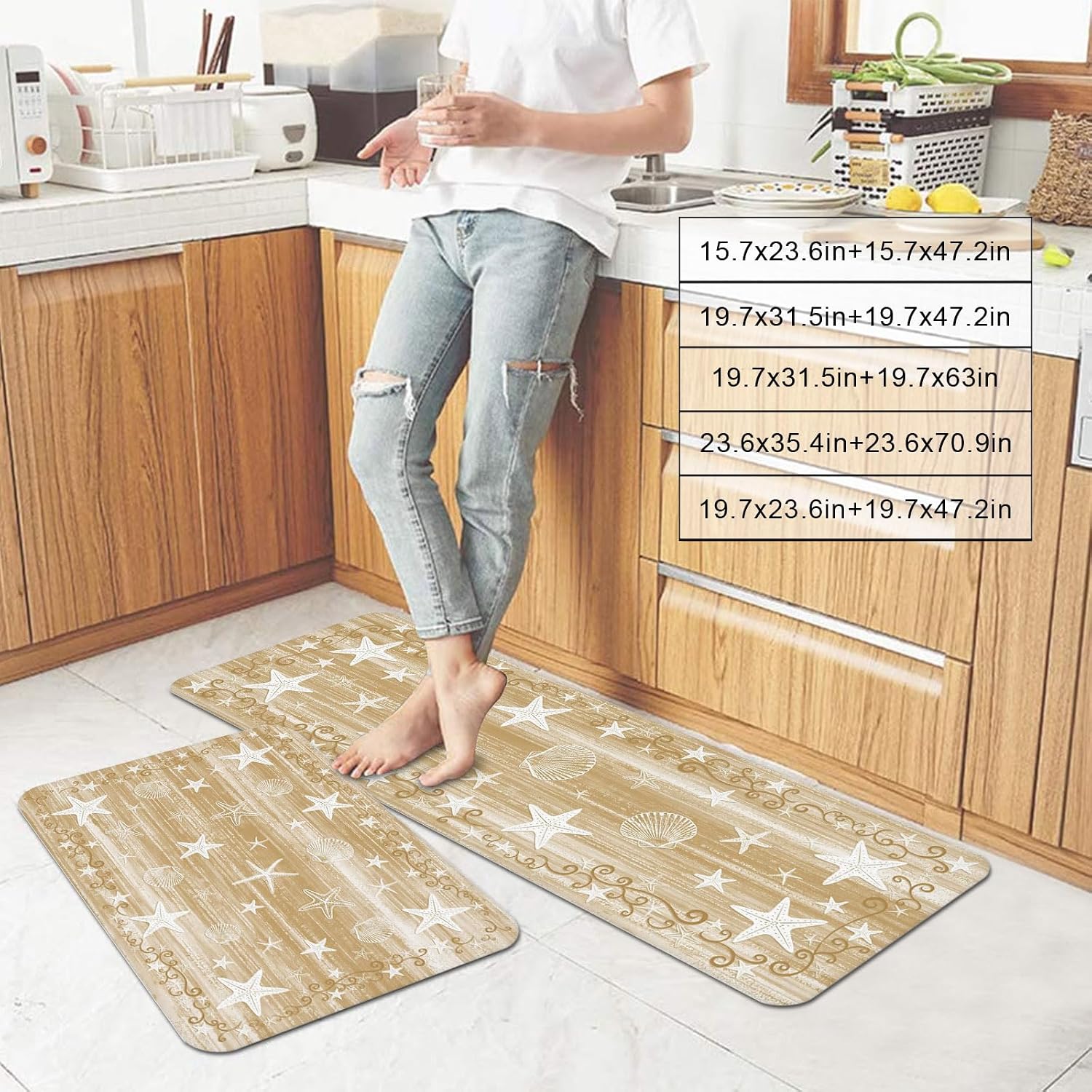 Light Brown Coastal Kitchen Mats Set of 2 Starfish Shell Summer Beach Ocean Rustic Non Slip Mat Washable Floor Rug for Kitchen Sink Floor Laundry, 15.7"x23.6"+15.7"x47.2"