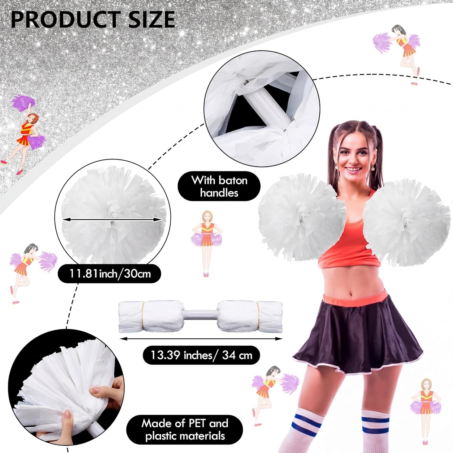 WILLBOND 48pcs Cheerleading Pom Poms Bulk Metallic Foil Cheerleader Pompoms with Baton Handle for 2026 Soccerball Basketball Cheering Squad Team Game Sports Dance Party Spirit (White)