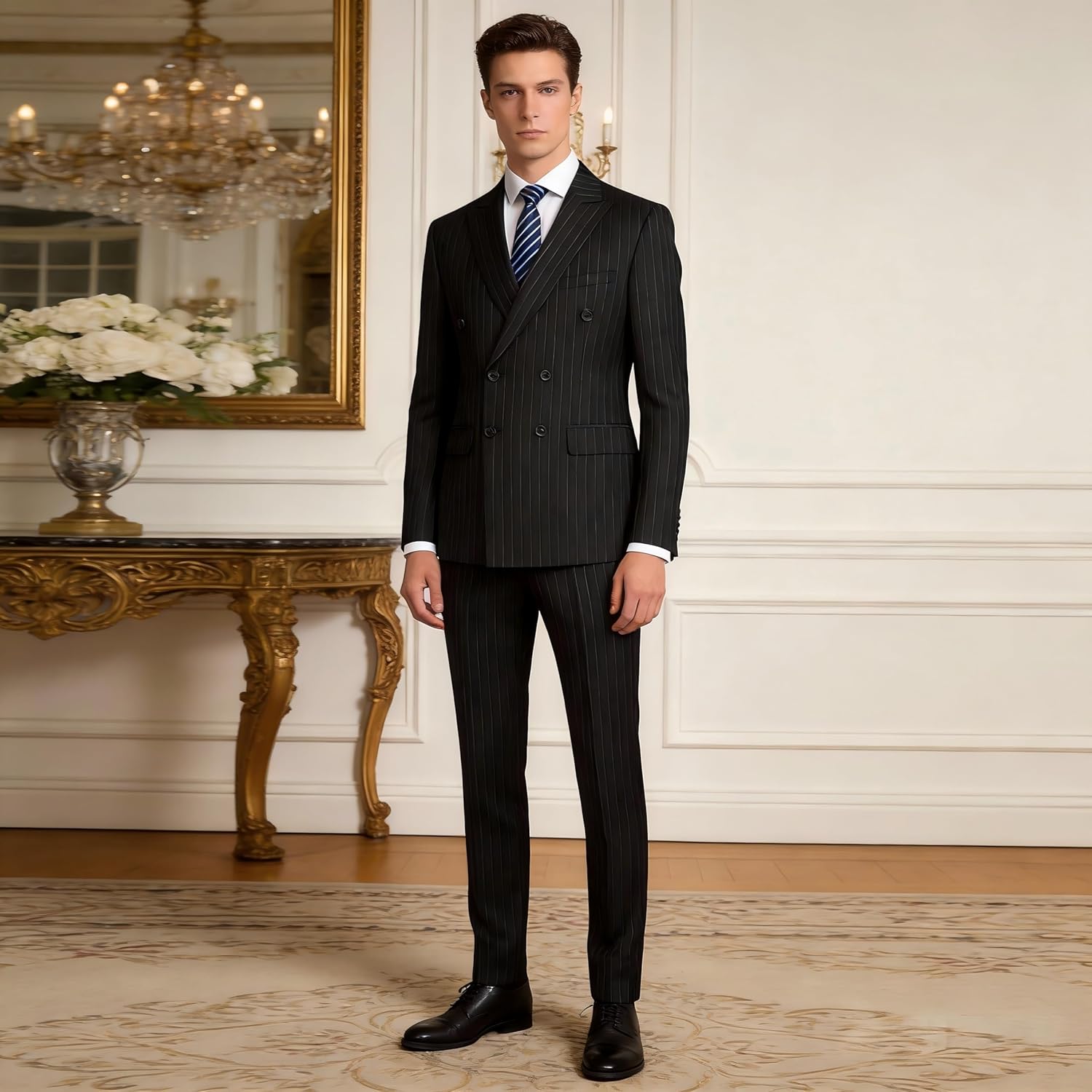 MOGU Mens Double Breasted Pinstripe Suit 2 Piece Slim Fit Tuxedo Formal Jacket and Pants for Business Wedding Prom - Image 3