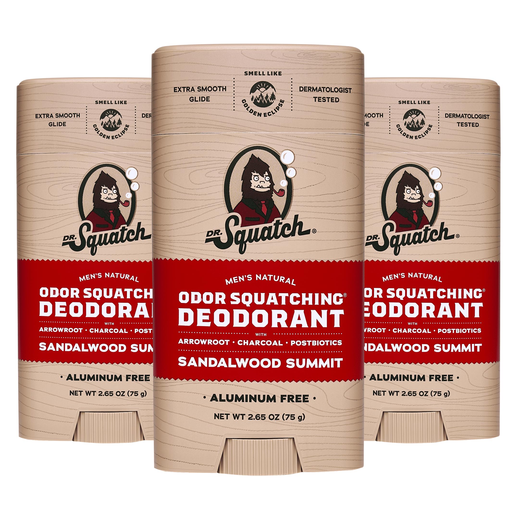 Dr. Squatch Natural Deodorant for Men - Odor-Squatching Aluminum Free - Sandalwood Summit (2.65 oz, 3-Pack)