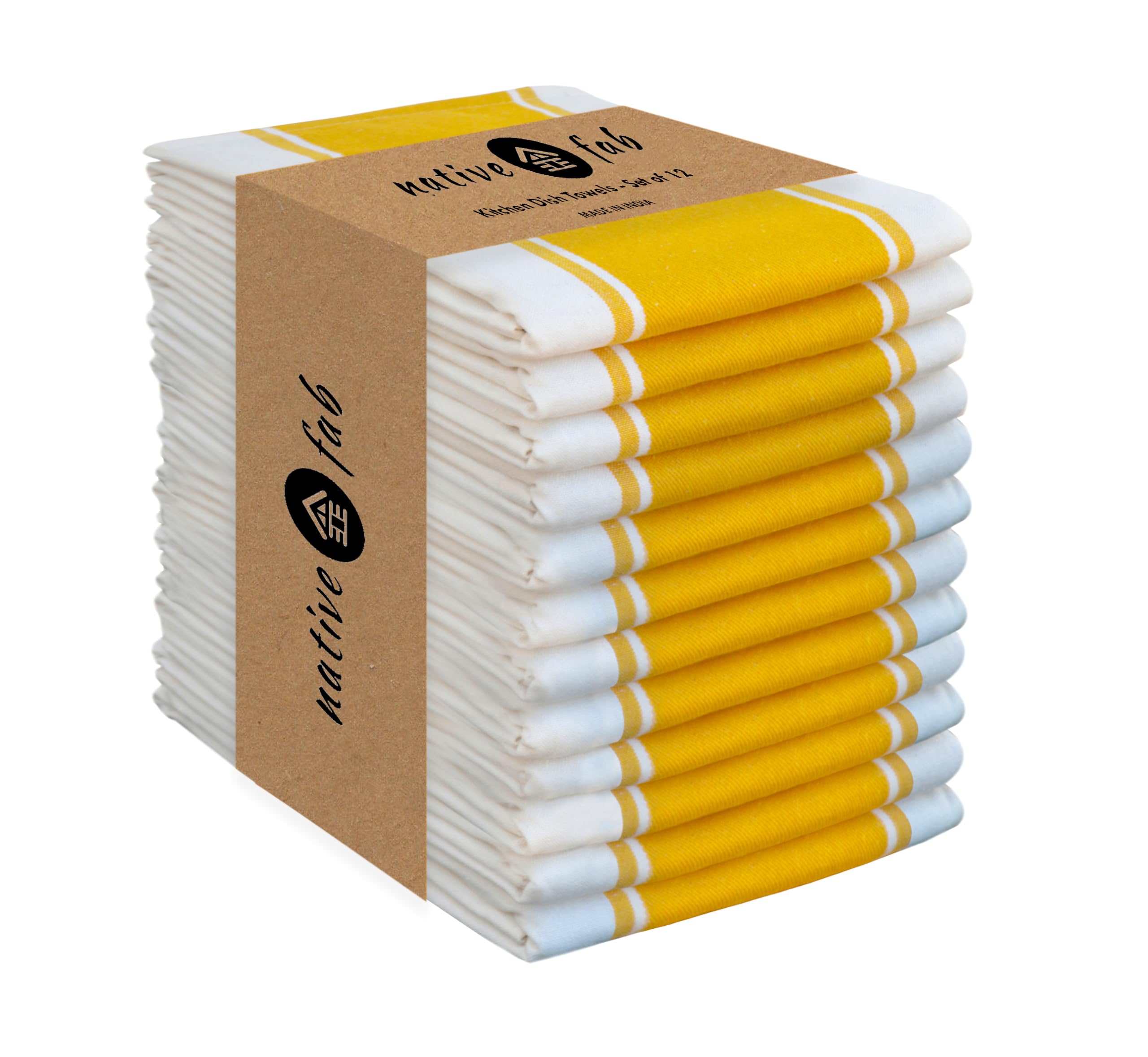 Native Fab Yellow Striped Dish Towels 18"x28", 12 Pack, Wide Stripe, Highly Absorbent, Fast Dry, 100% Cotton Hand Towels for Drying Dishes, Glassware, Dishcloth Set, Kitchen Cleaning Towel - Yellow