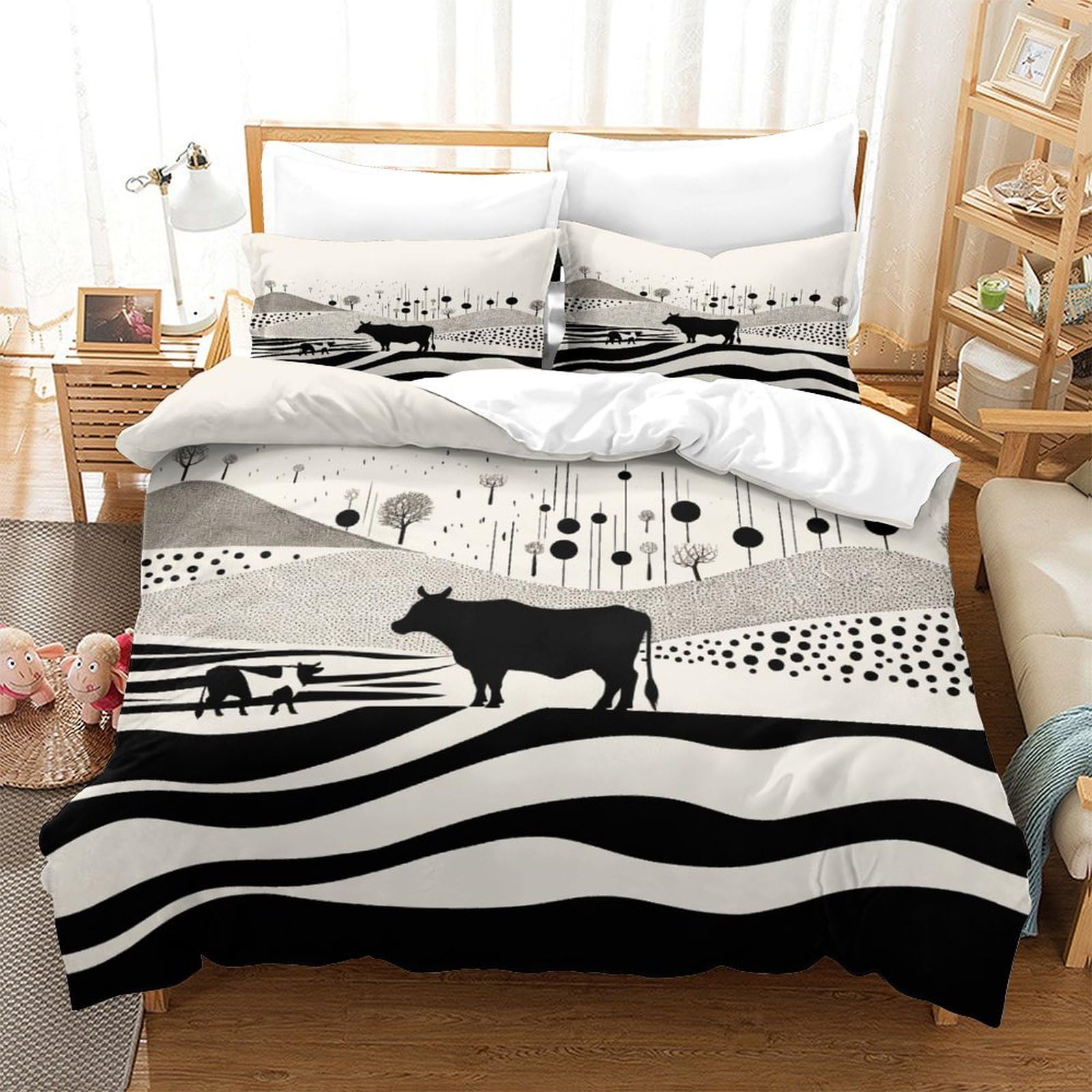 P1S9U7W5Y Minimalist Animal 3D Printed Cow Duvet Cover Set 3pcs Microfiber Pasture Bedding Set King