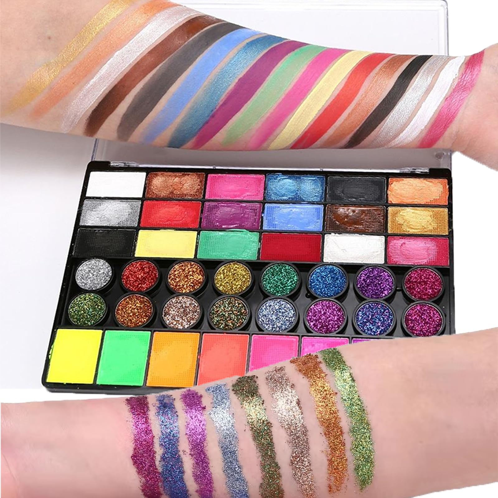 Palette Maquillage Enfant 42 Couleurs, Peinture Corporelle Visage avec 10 Pinceaux, 8 Pochoirs, 4 Éponges, Autocollants & Strass, Idéal Carnaval, Anniversaire, Halloween