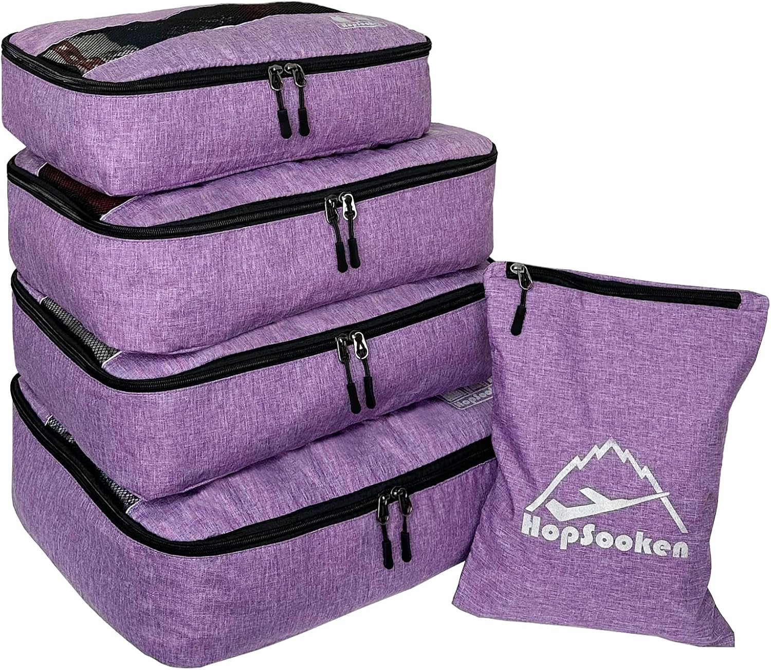 5 Set Packing Cubes for Travel Large Suitcase Luggage Organizer Bags Travel Accessories Vacation 4 Cubes 1 Laundry Pouch Bag, Snow Purple, L