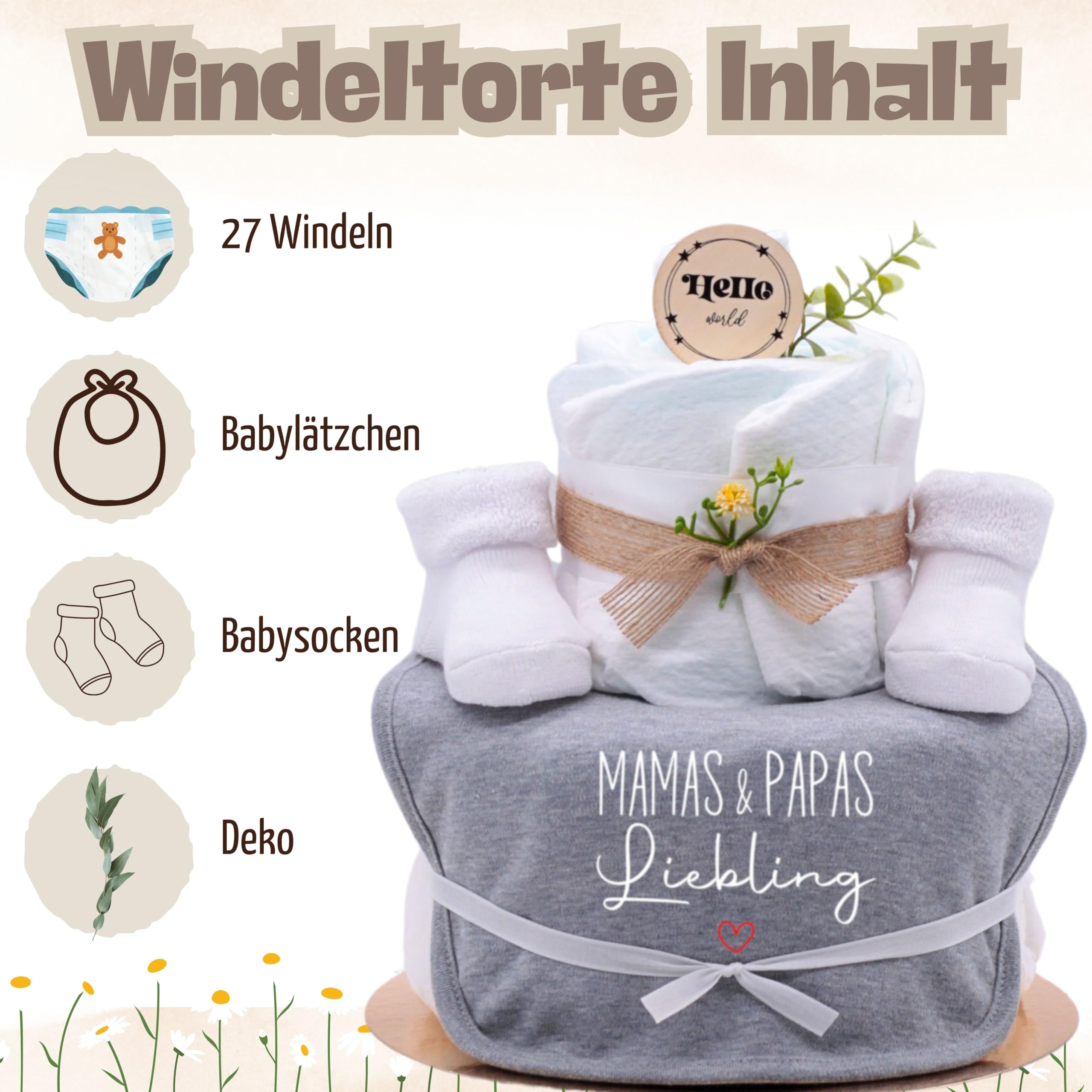 Trend Mama | Windeltorte | sport grau meliert | Spruch wählbar | Lätzchen, Kuschelsocken |Geschenk Geburt (Design| Mamas & Papas Liebling)