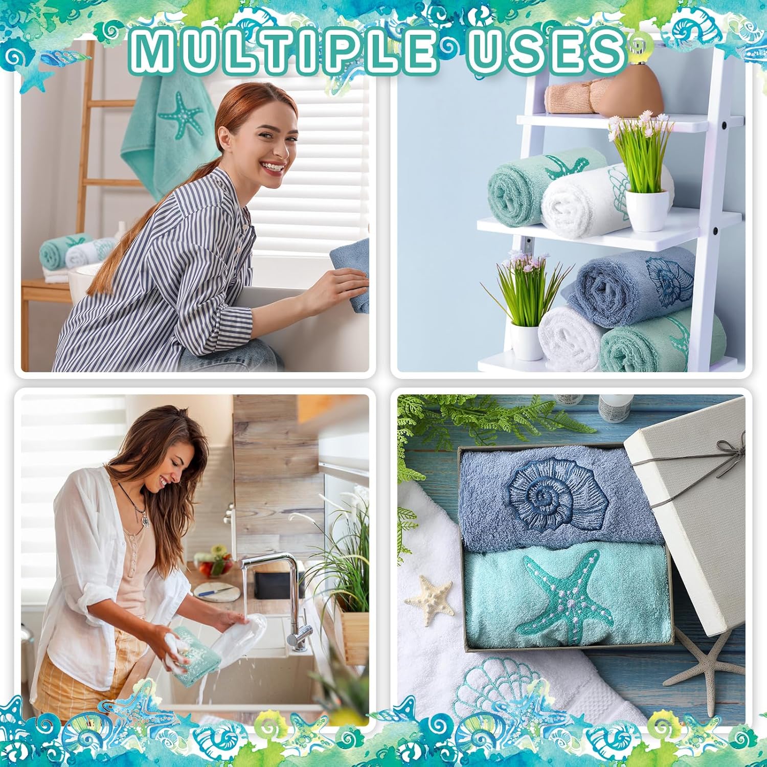 Hahafelt 3 Pack Coastal Hand Towels for Bathroom 100% Cotton Embroidered Beach Bathroom Towels 13.8 x 29.5'' Seashell Starfish Conch Blue Finger Towel Nautical Decorative Towel Gift for Summer Holiday