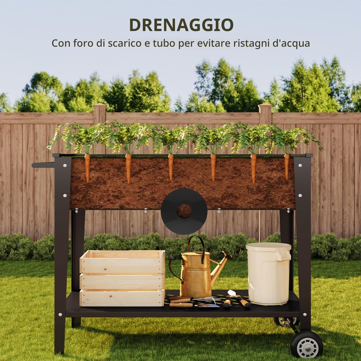 Xbro Orto Rialzato con Ruote e Ripiano, Fioriera da Giardino in Metallo 104x41x80 cm, con Foro di Drenaggio, per Erbe, Verdure e Fiori, Nero