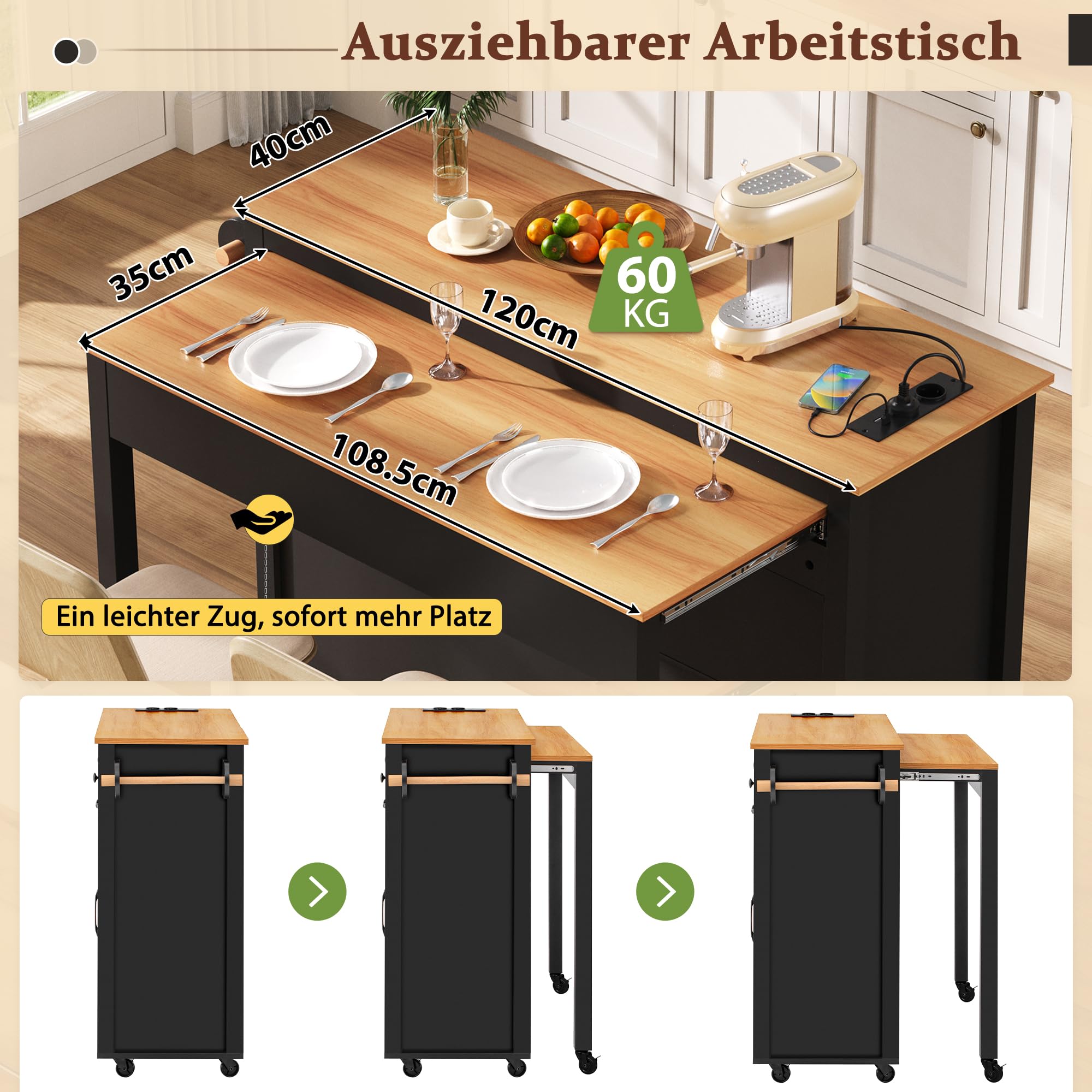 Kücheninsel auf Rollen, Ausziehbarer Essbereich mit Arbeitsplatte und Abfallbehälterfach, Mobile Kücheninsel freistehend mit Steckdosenleisten, Ideal für Küche und Esszimmer (Schwarz)