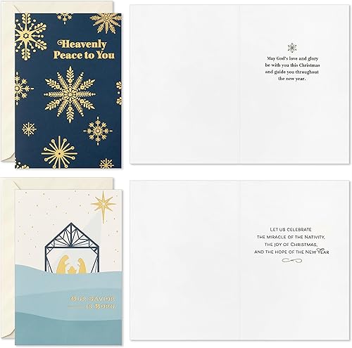 Miniatura 5 de Hallmark Surtido de tarjetas religiosas de Navidad, paz celestial (36 tarjetas y sobres) azul polvoriento y lámina dorada