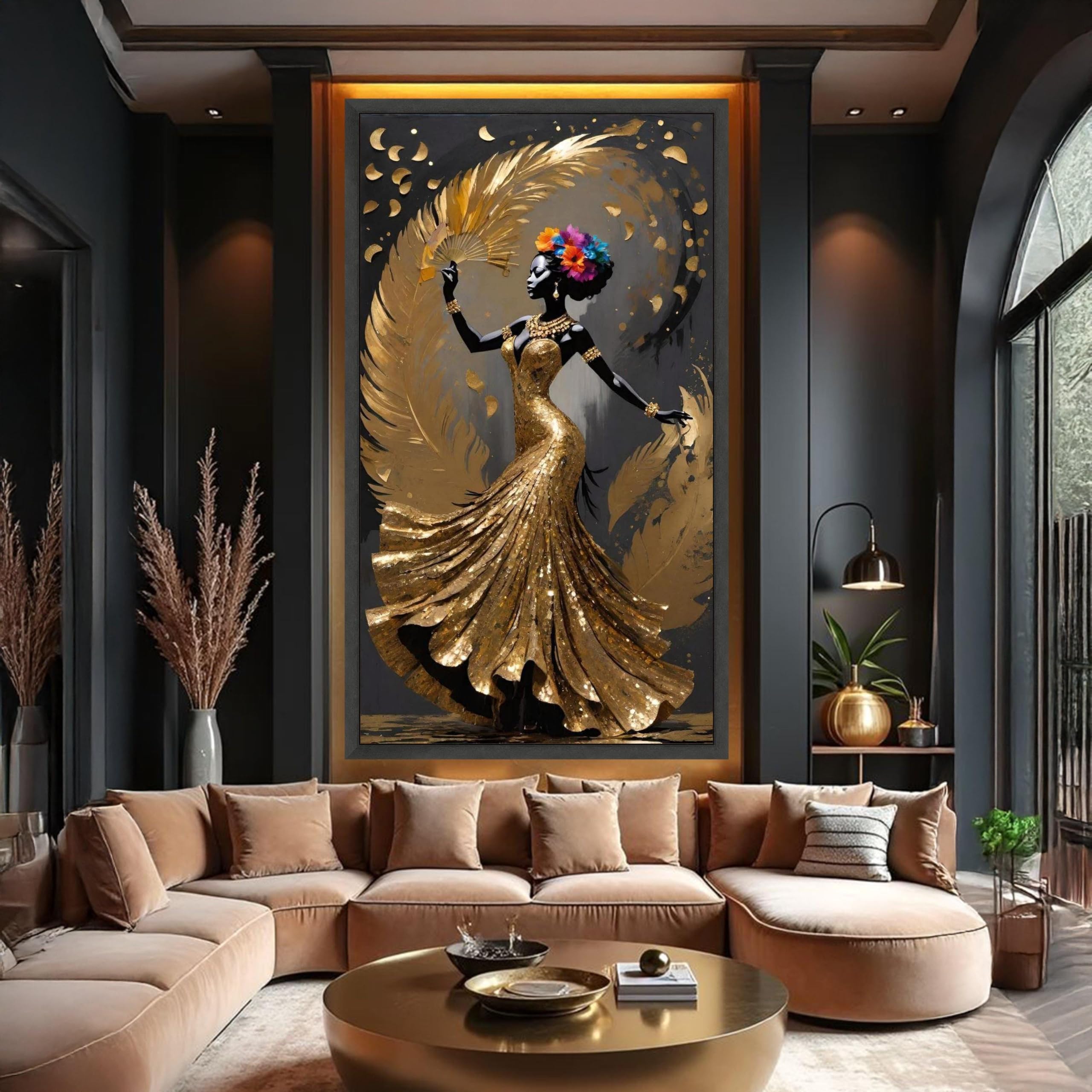 XINBAO Obraz na płótnie czarna kobieta w złotej sukience sztuka afrykańska nakrycie głowy z piórami kwiatowymi luksusowa dekoracja domu (60 x 105 cm/bez ramki)