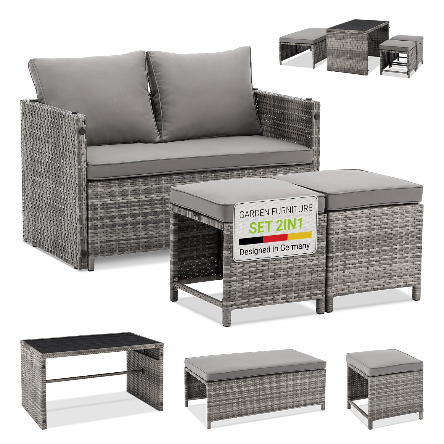 Juskys Ensemble mobilier de Jardin 2 en 1 en polyrotin Jamaika - Table, canapé Lounge - Salon de Balcon ou d’extérieur Gris chiné