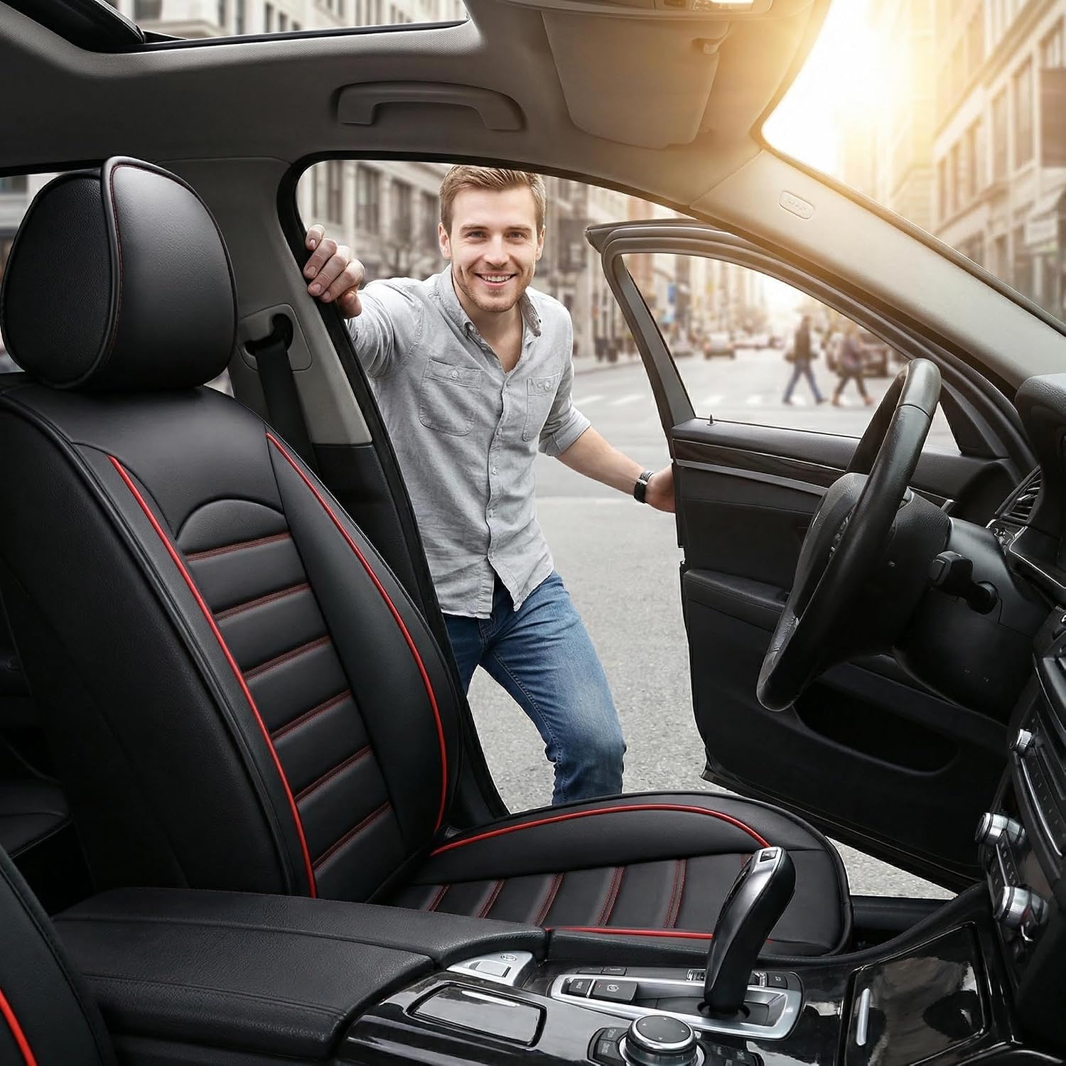 YQ Faux Leather Car Seat Covers Front & Rear Seats, Waterproof Anti-Slip Interior Protectors, Durable Automotive Accessories, Universal Fit Most Vehicles , Trucks, SUVs, Sedans, Vans , Black & Red